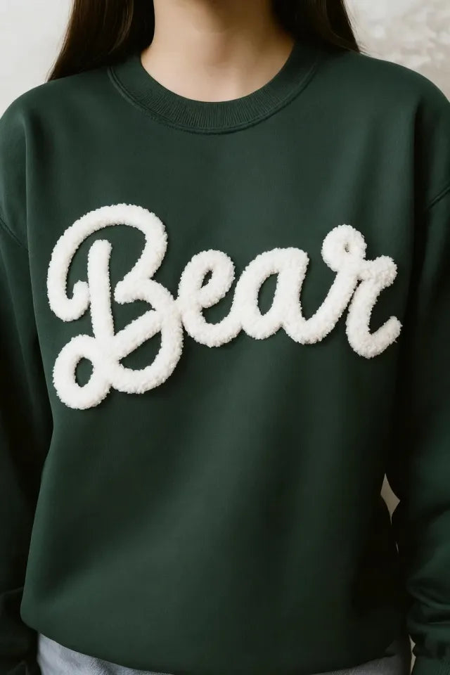 Chenille Yarn Embroidered Sweatshirt with Fuzzy Letter and Patch, Team Spirit Football Mom Sweatshirt