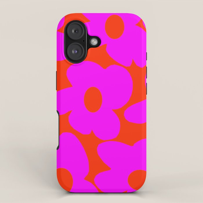 Pink Retro Flowers Orange Red Background #decor #society6 #buyart iPhone Case Gallery Image 1