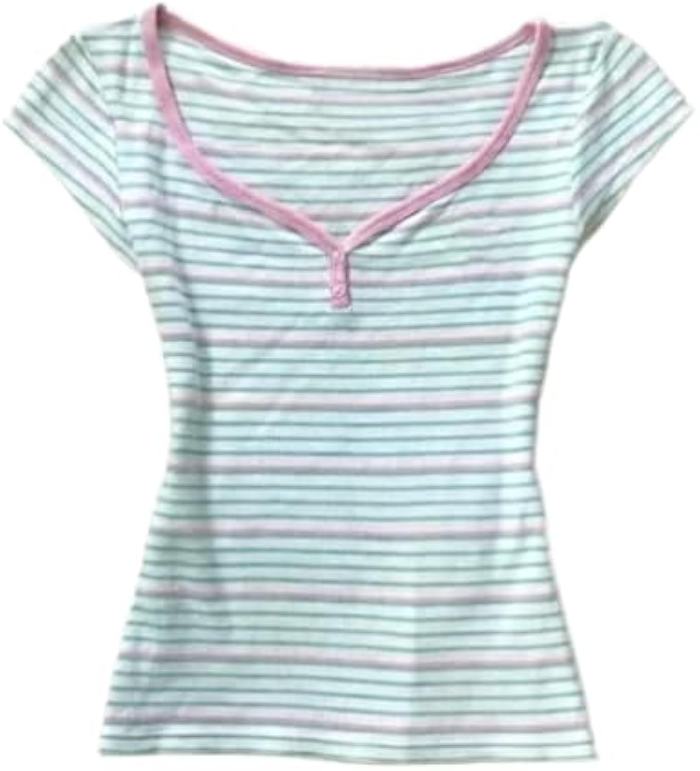 Womens Y2K Sweet Japanese Kawaii Pastel Stripe Print Henley T Shirt Cute V Neck Soft Aesthetic Casual Fitted Baby Tee