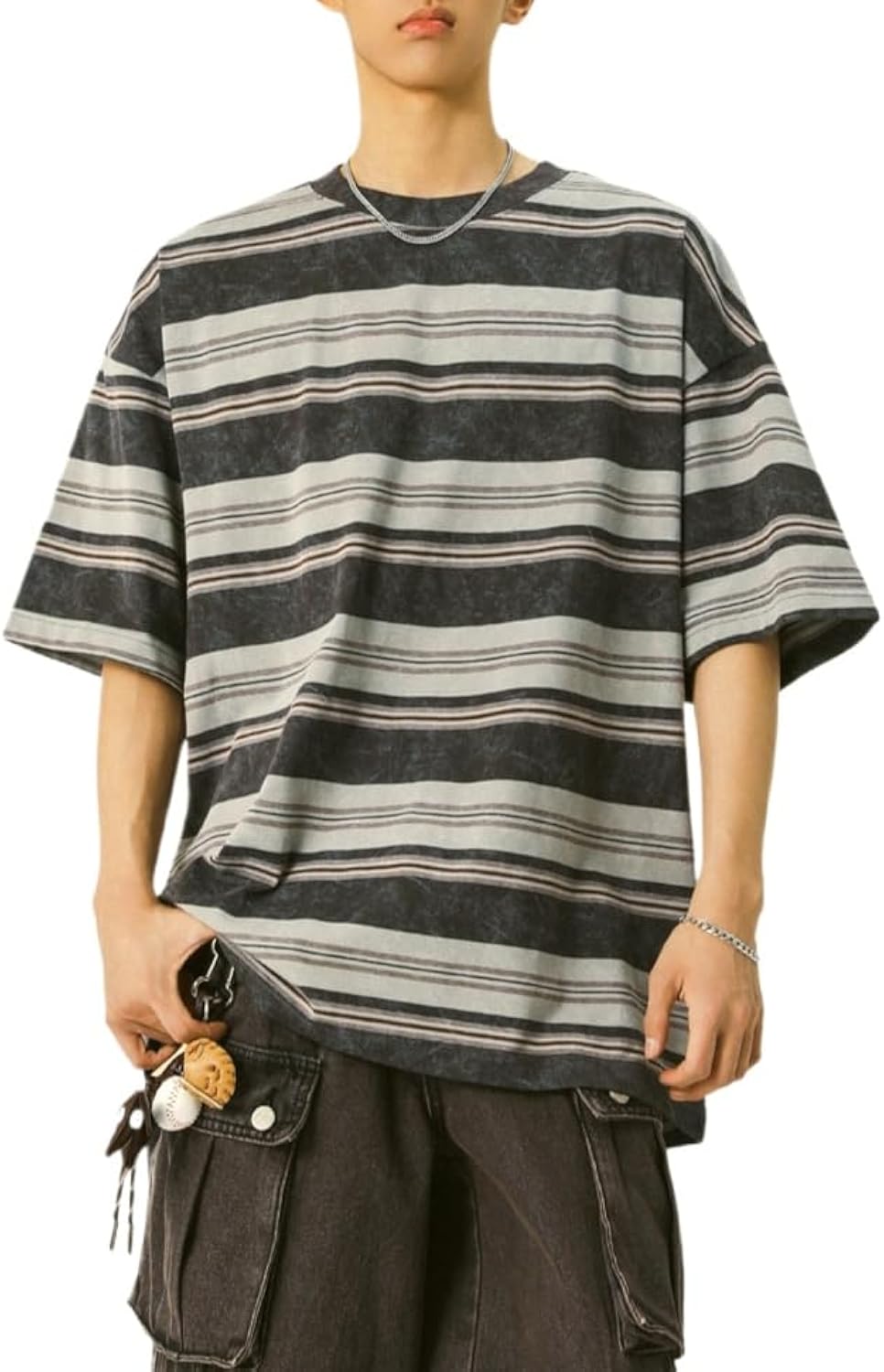 Men's Y2K Striped Baggy T-Shirt Alt Emo Summer Crewneck Short Sleeve Streetwear Top Harajuku Grunge Aesthetic Tees