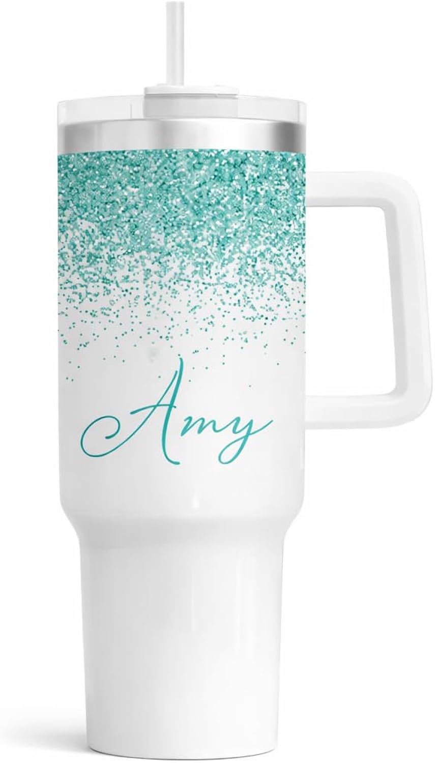 Personalized 40oz Tumbler With Handle and Straw | Stainless Steel Insulated Tumbler | Travel Mug | Double Wall Coffee Cup for Hot and Cold Drinks | Teal Glitter Effect with Name