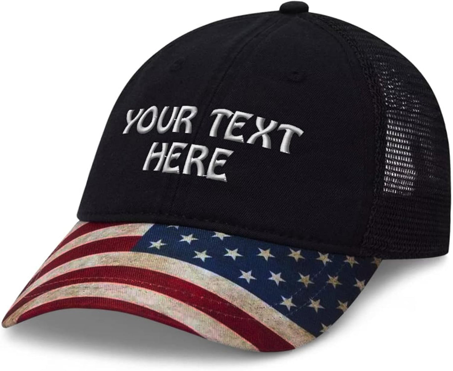 Patriotic USA Trucker Hat Custom Personalized Text Name Baseball Cap American Flag