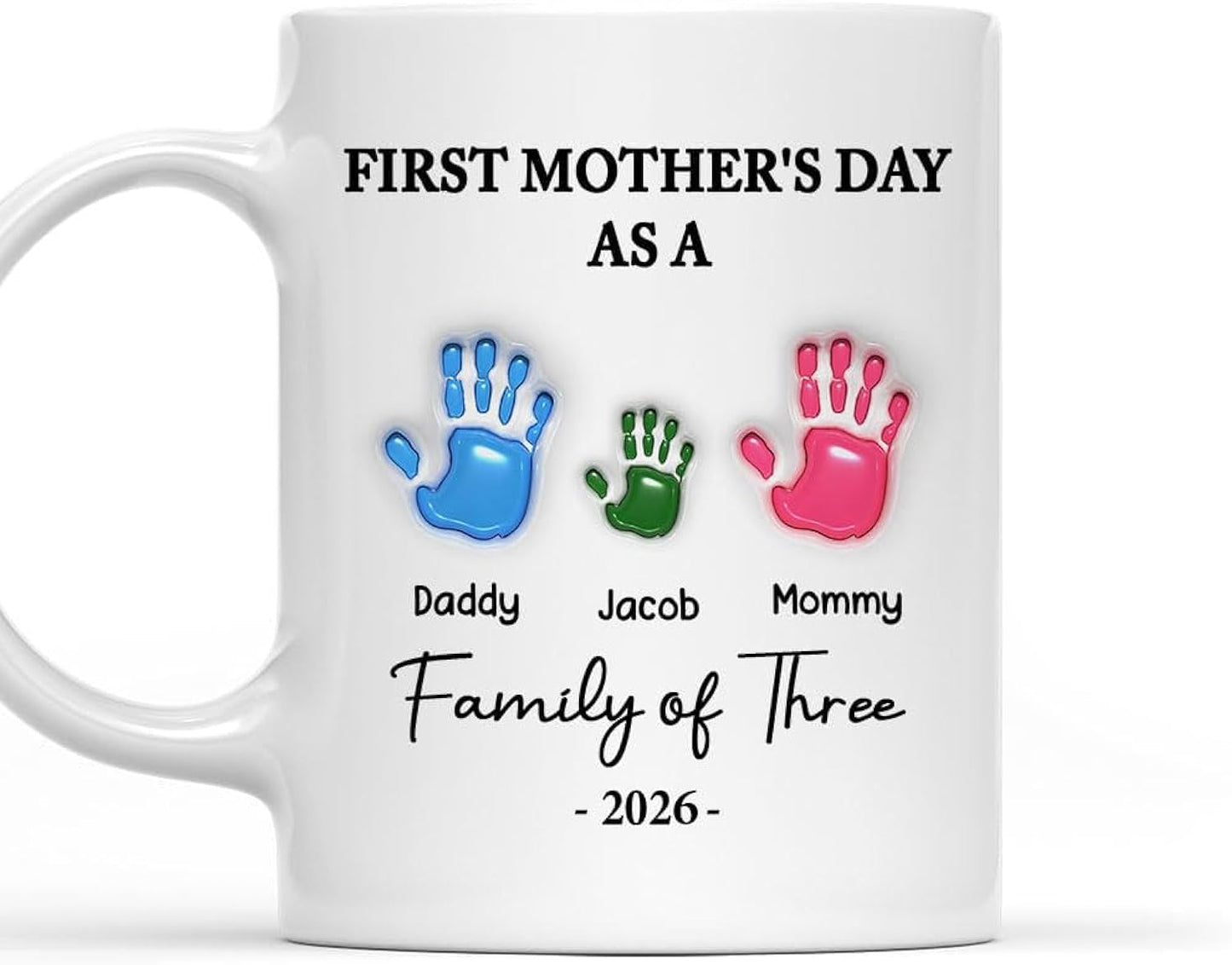 Wrappiness First Mother’s Day Mug Gifts for Mom - Personalized Family Of Three Coffee Cup for New Moms Mugs - Custom Handprint Mug Baby Shower Gifts for Mother’s Day, Anniversary, Birthday Gift