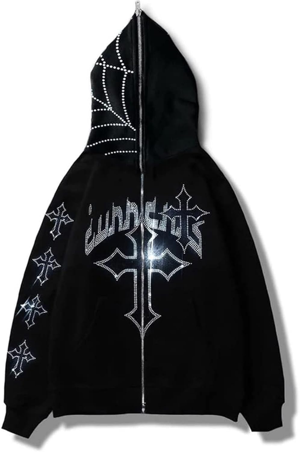 Rhinestone Hoodie Men Women Letter Graphic Gothic Hoodie Print Sweatshirt Full Zip Up Oversized Jacket