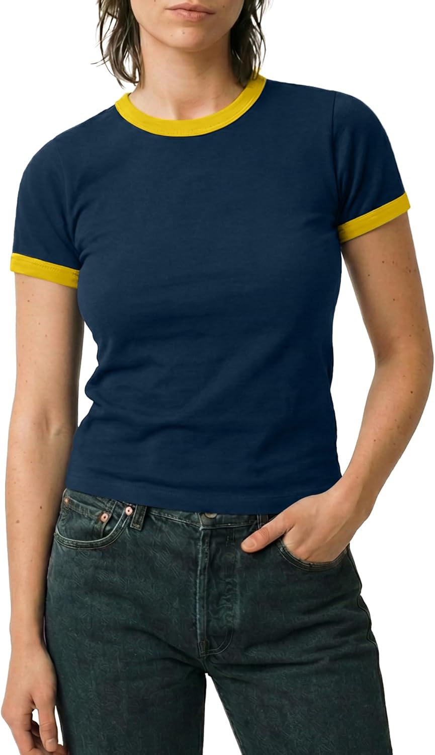 Ringer Tee Women Crewneck Short Sleeve Plain Retro T-Shirt Crop Top