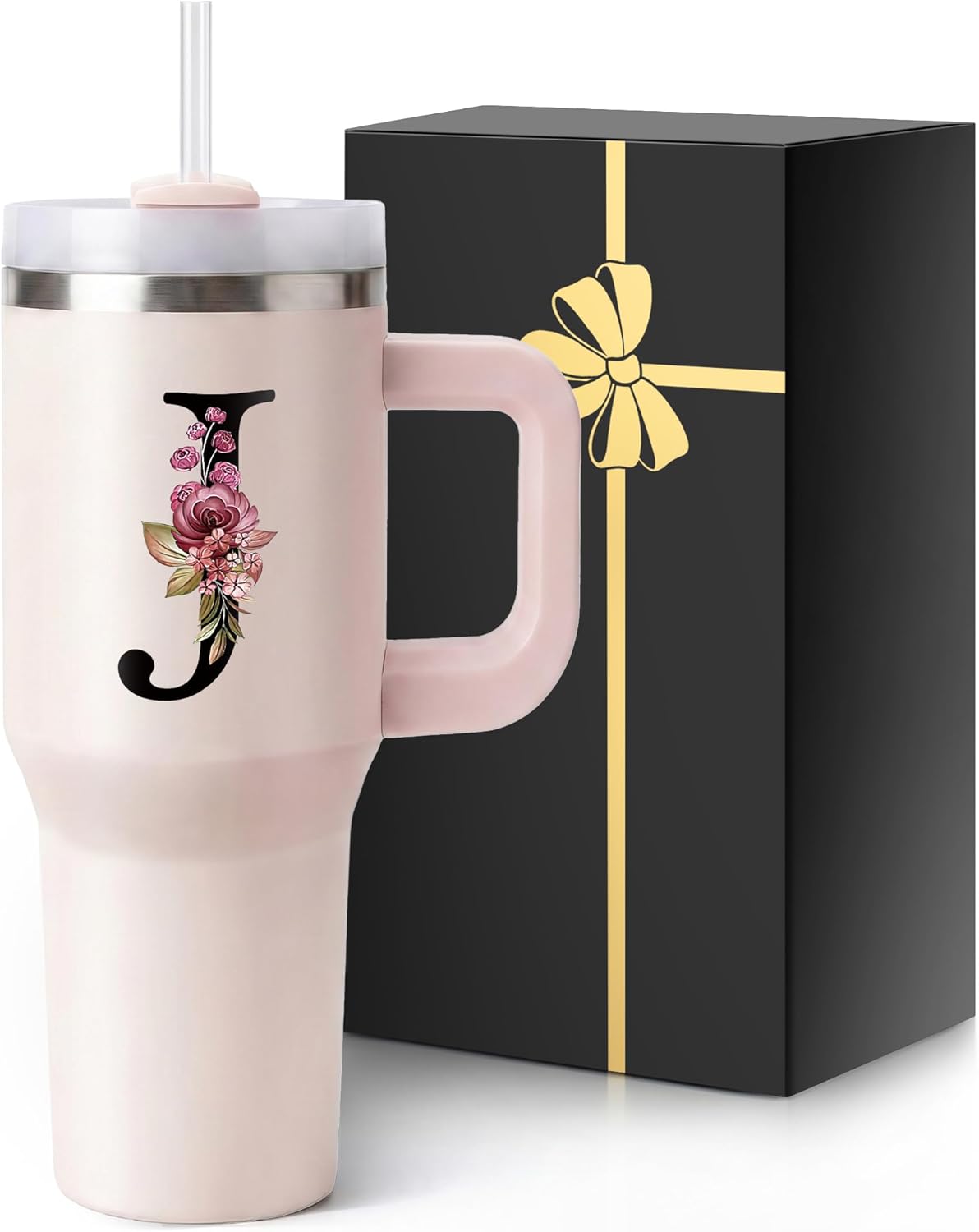 Initial 40 Oz Initial Insulated Coffee Cup with Lid Car Tumbler Travel Mug Girlfriend Gf Future Mrs Her Women Year Anniversary Christmas Xmas Cute Romantic Valentines I Love You More First Gifts J