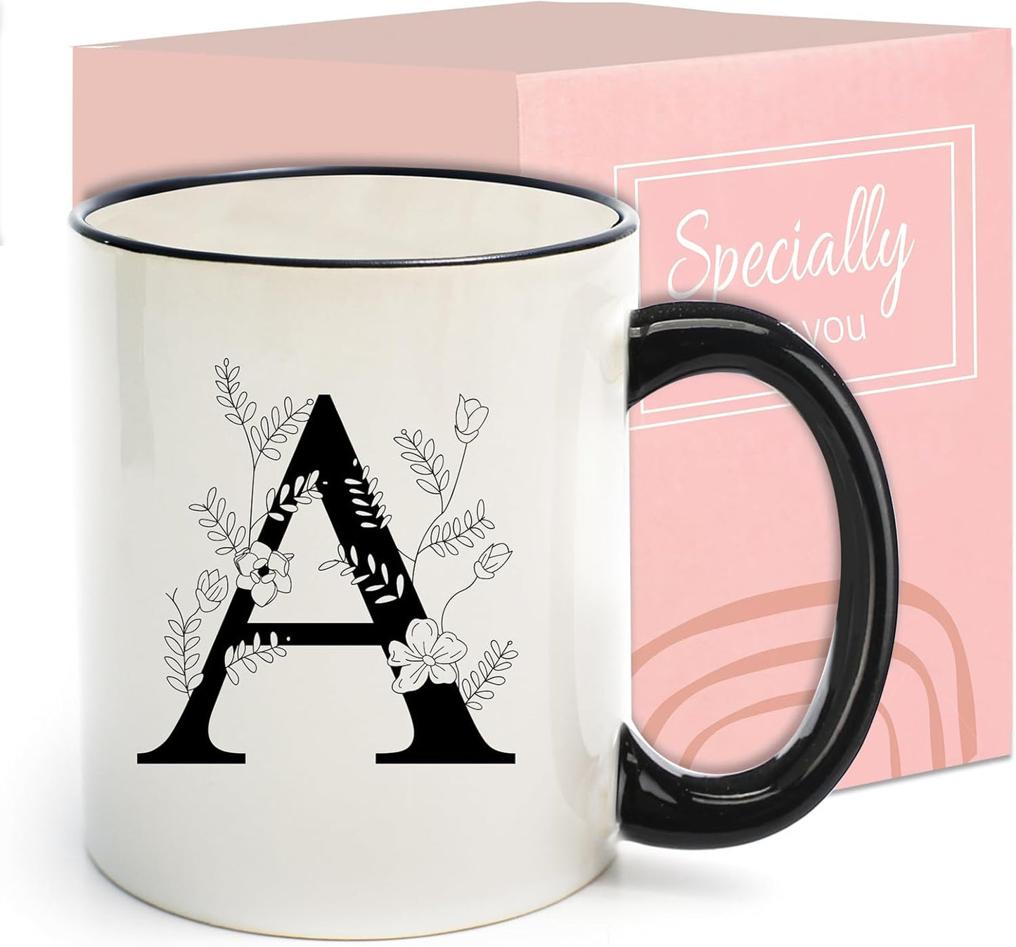 Monogram Ceramic Coffee Mugs, 11 oz Initial Drinking Cup with Gift Box, Unique Birthday Valentines Day Gifts for Women Wife Mothers Day Grandma Mom Aunt, A