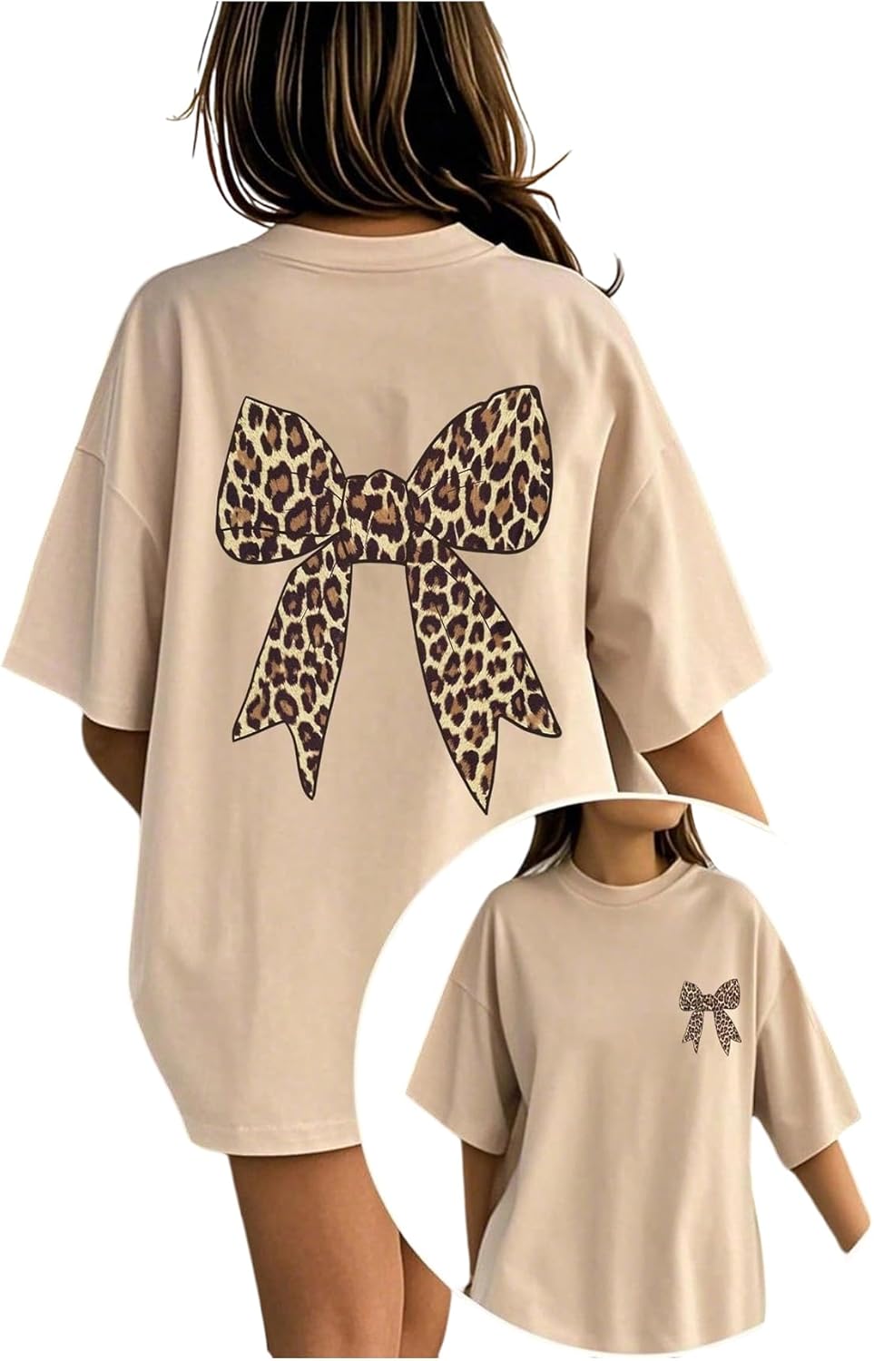 Girl's Bow Leopard Graphic Tees Short Sleeve Preppy Summer T Shirt Aesthetic Baggy Tops
