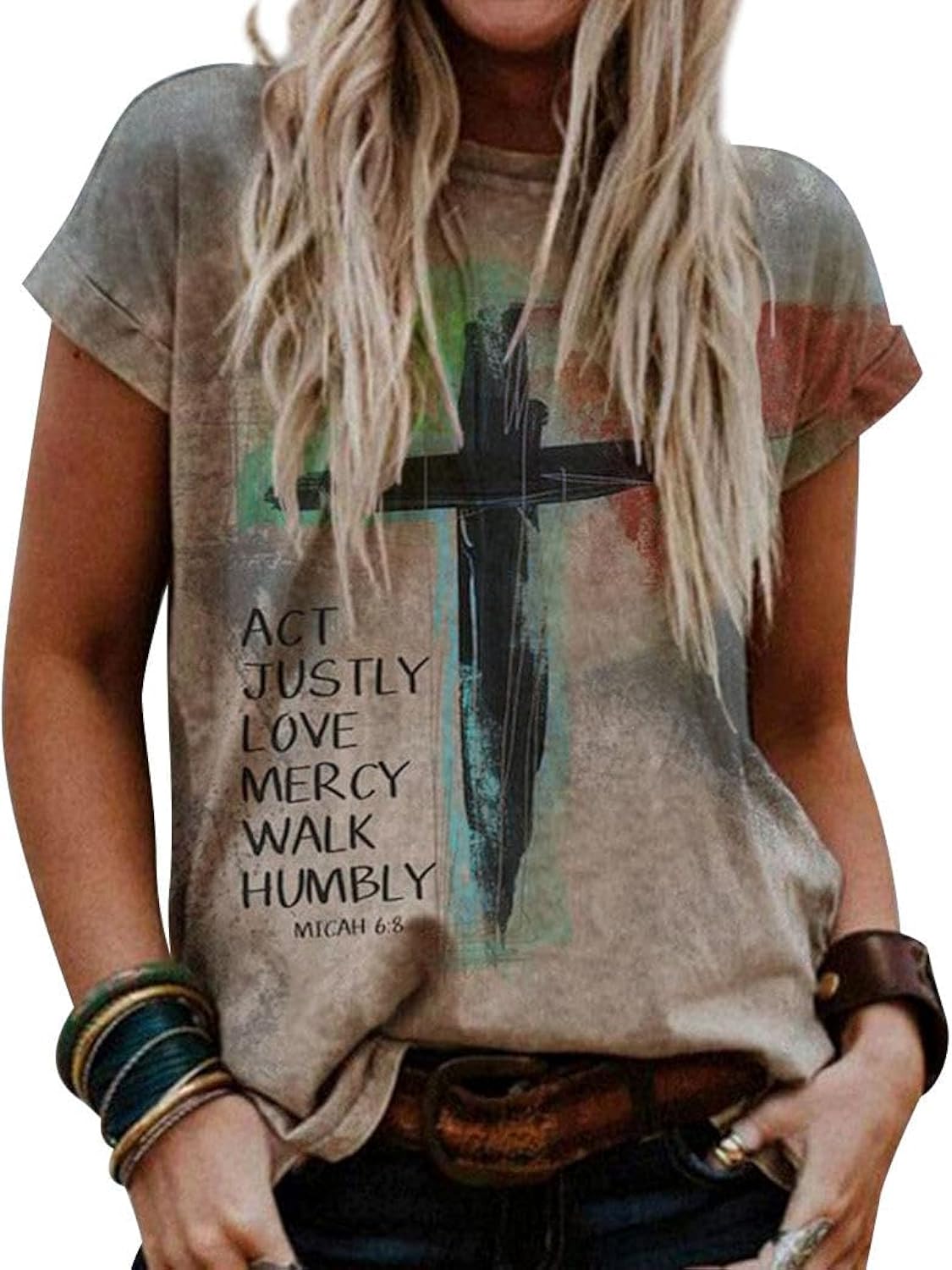 Christian Graphic T Shirt for Women Vintage Cross Faith Print Crewneck Tee