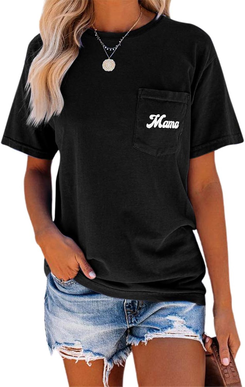 Women's Letter Print Basic Crew Neck Tee Summer Short Sleeve T-Shirt with Pockets Loose Fitting Tops