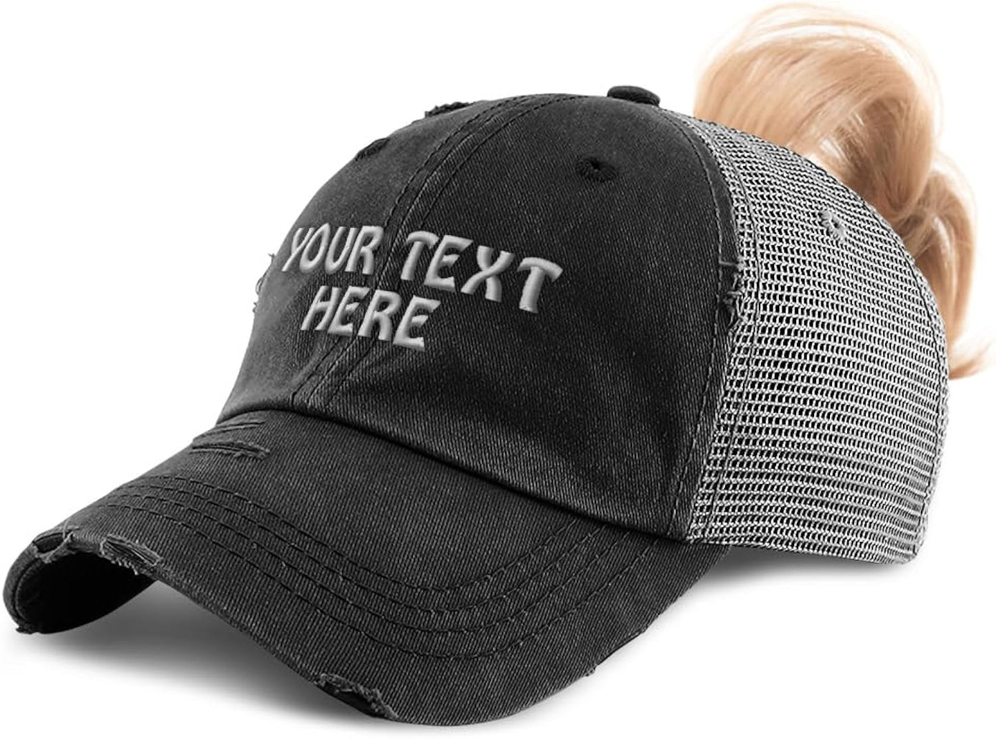 Womens Ponytail Cap Custom Hat Personalized Text & Name Distressed Moms Trucker Hats