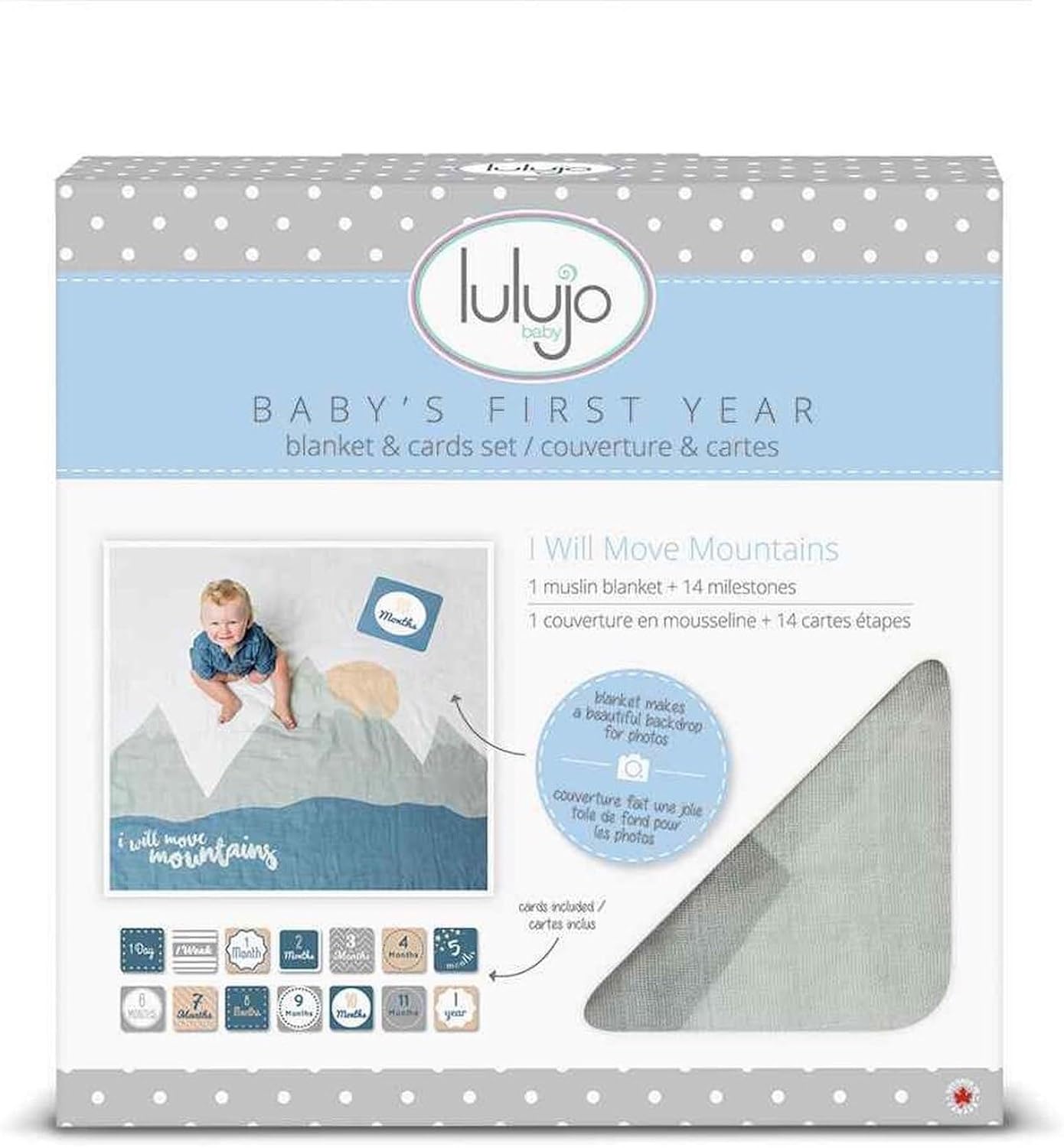 Lulujo Baby’s First Year Milestone Blanket and Card Set | 40in x 40in (I Will Move Mountains)