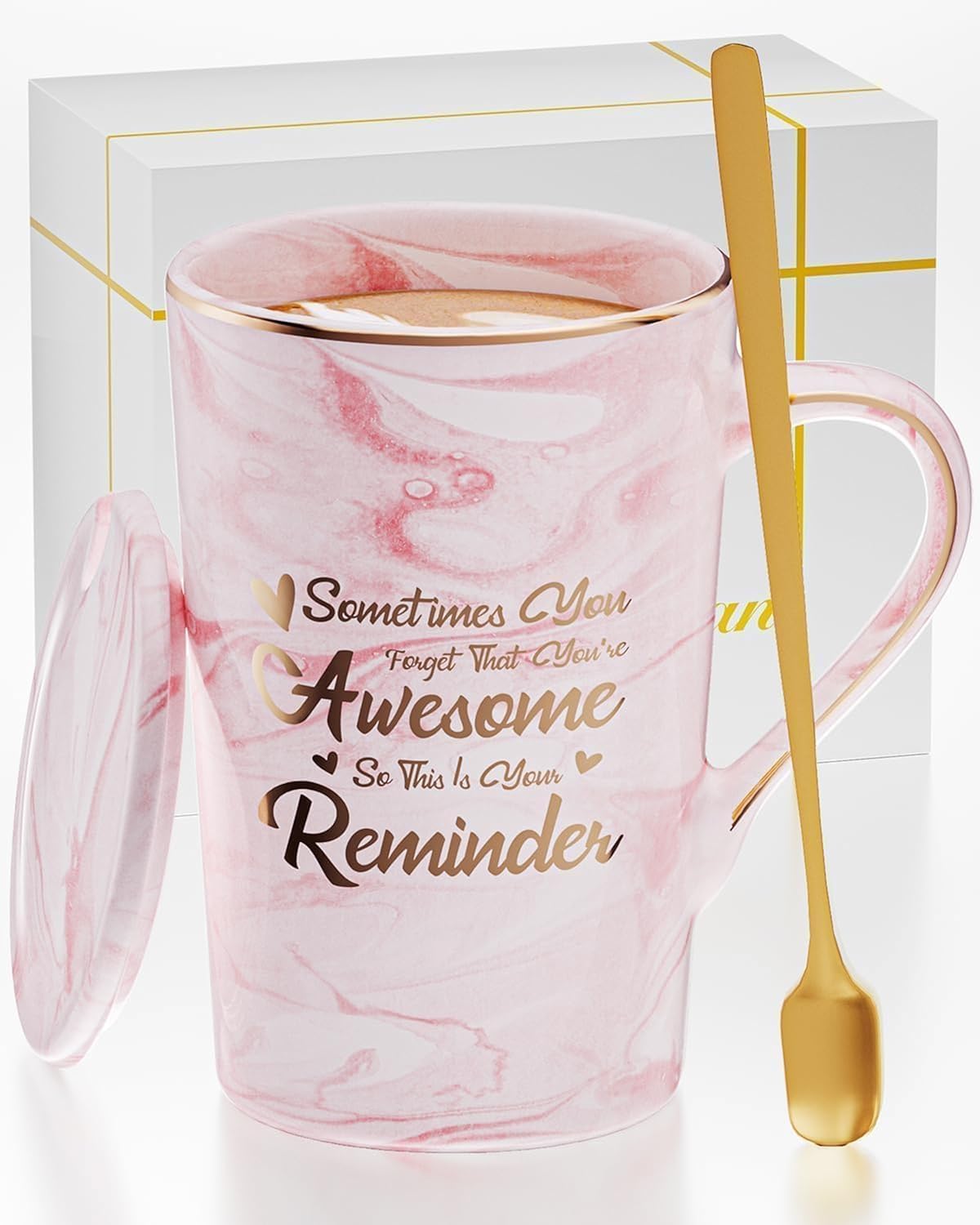OLANRUN Mothers Day Coffee Mug Gifts for Mom from Daughter Son, Mom Gifts for Christmas Birthday Valentines Day, 14 OZ Funny Ceramic Coffee Mugs Tea Cup Lid Spoon Gift Set for Moms Office Home (Pink)
