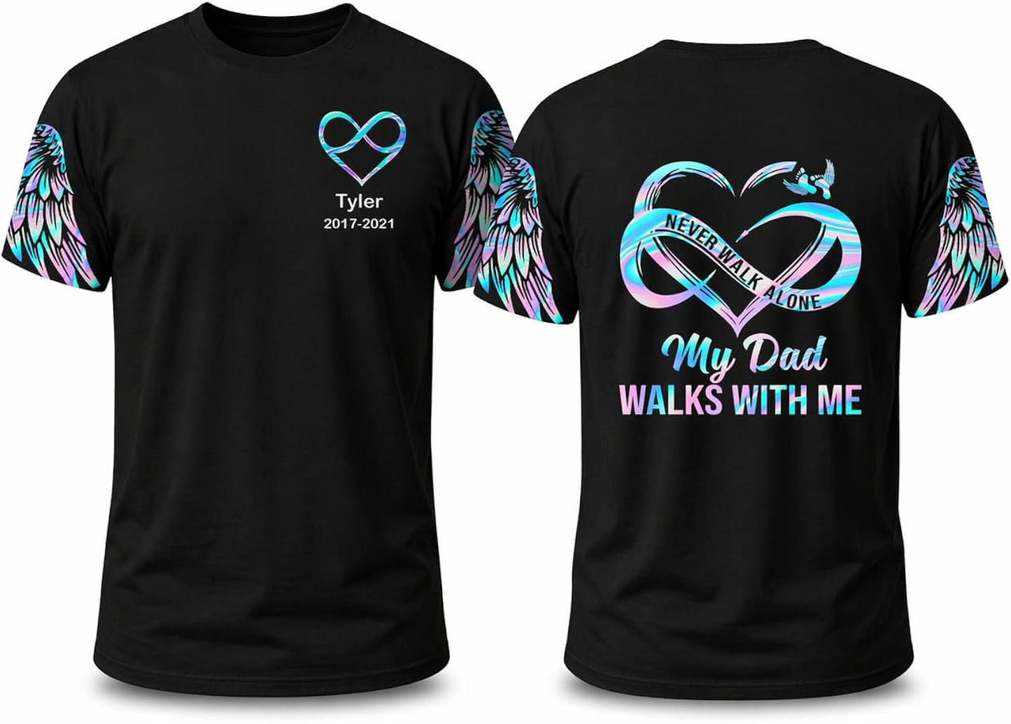 Never Walk Alone My Love Walks With Me Personalized All Over Print T-shirt with Name, Memorial Gift for Loss of Loved One, Custom Loving Memory Hoodie, Never Walk Alone Sweatshirt, Remembrance Apparel