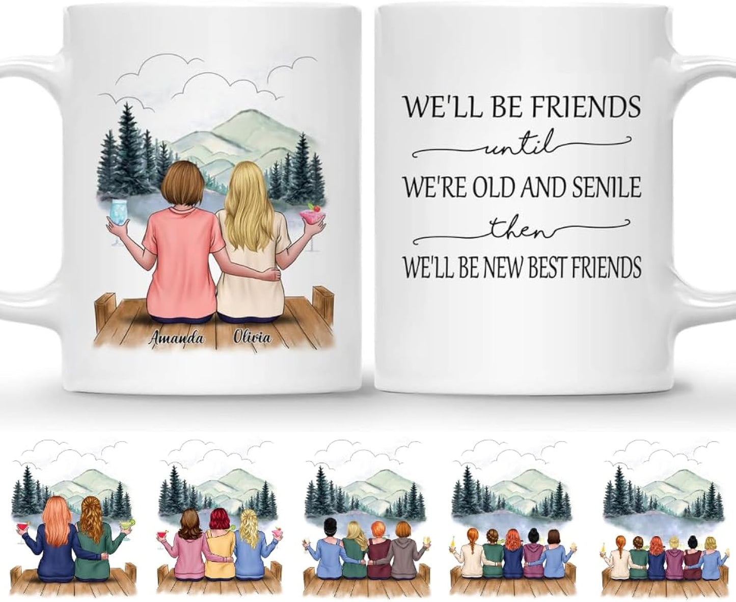 Gossby Personalized Friend Mug - Custom Gift for Female Best Friend with Design, Name - Christmas, Birthday, Friendship Besties Gift for Women - We'll Be Friends Until We're Old, Senile - 2 BFFs