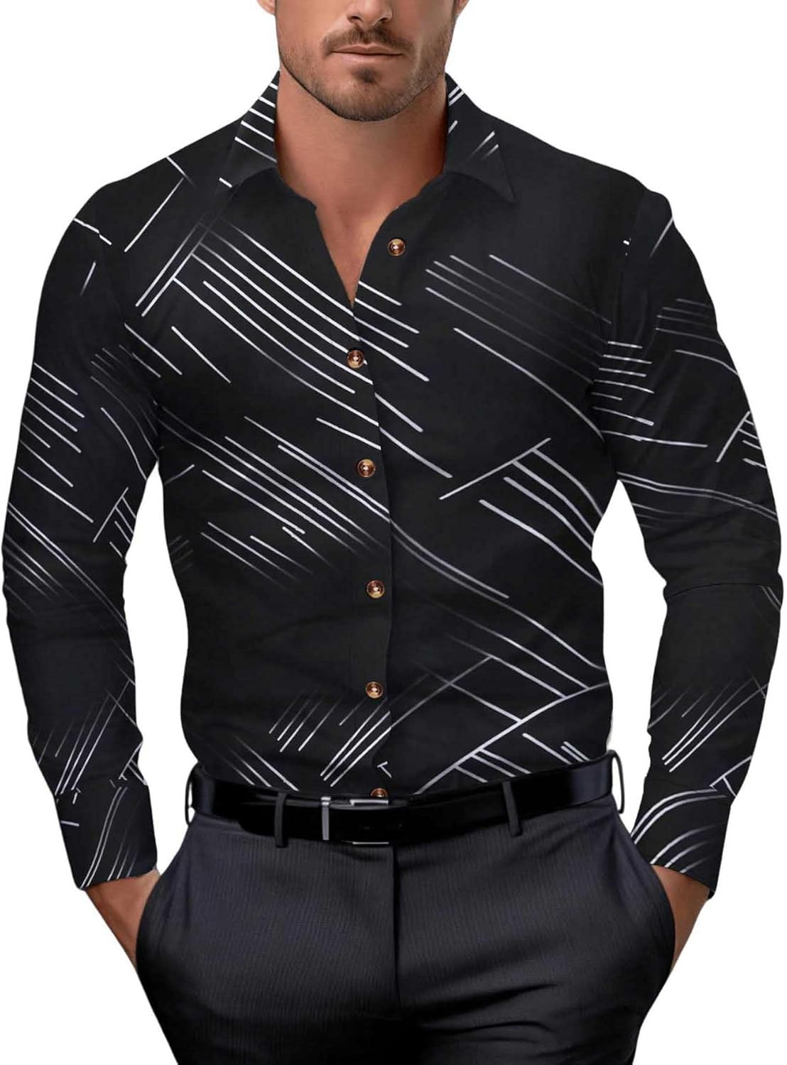 Men's Patterned Printed Long Sleeve Dress Shirts Button Down Business Shirts