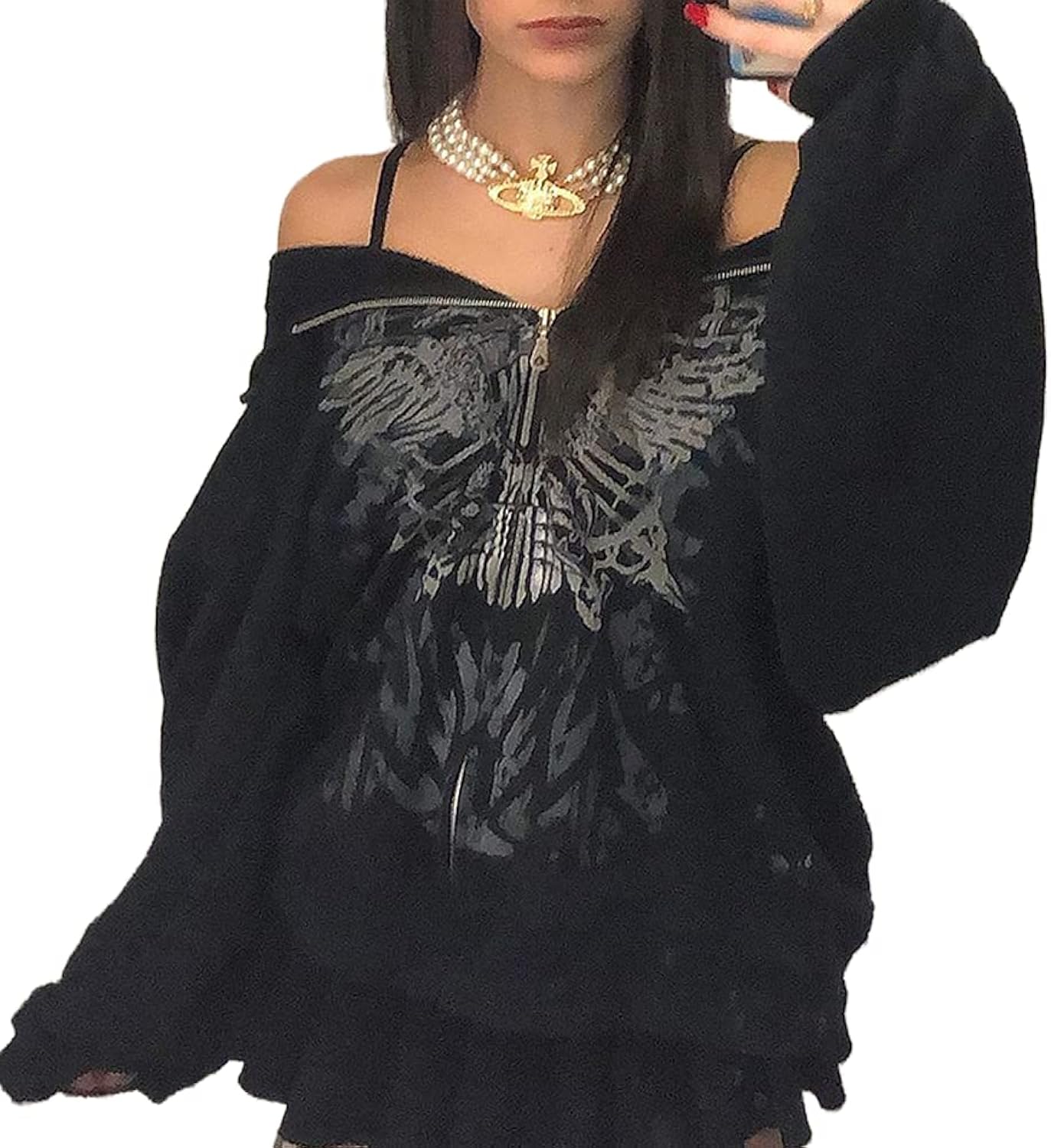 Women Zip Up Hoodie Y2k Vintage Graphic Oversized Hooded Sweatshirt Jacket Pullover Coats Harajuku Streetwear