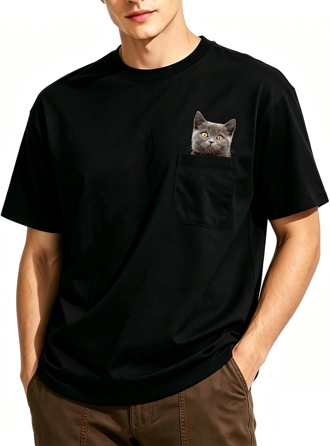 Funny Pocket Cat T Shirt Cute Cat in Pocket Graphic Tee Women Men Cat Mom Cat Dad Kawaii Cat Themed Novelty Clothing