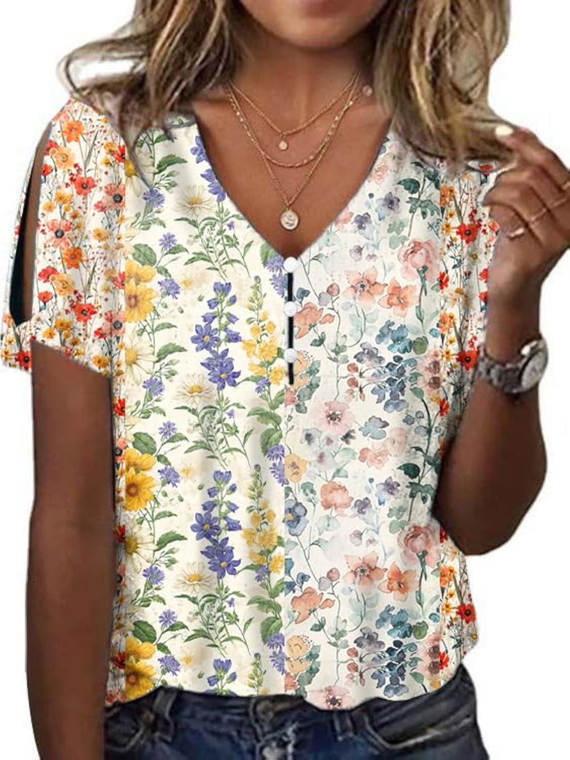 Floral Tops for Women Boho Classic Short Sleeve Loose Fit V Neck Soft Summer Beach Work Womens Tunic Tops