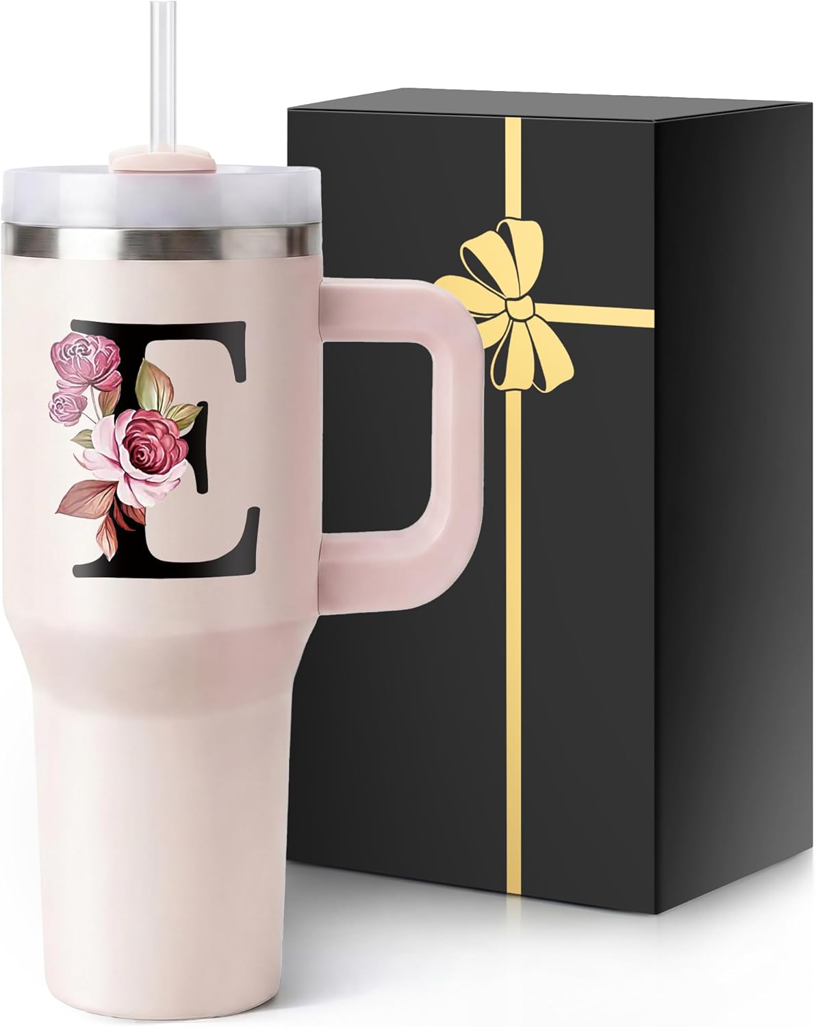 Initial 40 Oz Tumbler with Handle Lid Insulated Travel Cup Car Coffee Mug Birthday Personalized Gifts Women Adult Who Have Everything Want Mom Cool Special Custom Christmas Unique Present E