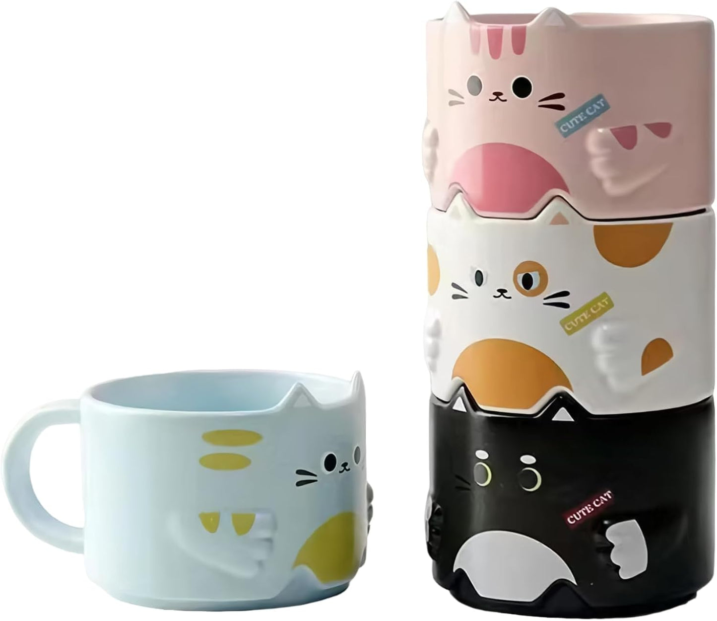 Stackable Cat Mug Set of 4, Adorable Ceramic Coffee Mugs, Funny Cartoon Designs, Perfect Gifts for Party, Christmas, and Cat Lovers, 10 oz