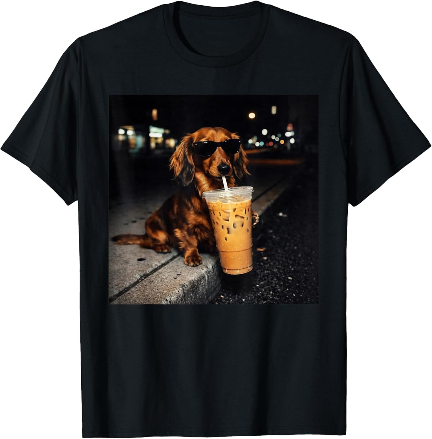 Funny Dachshund Drinking Iced Coffee Cute Dog Meme Humor T-Shirt