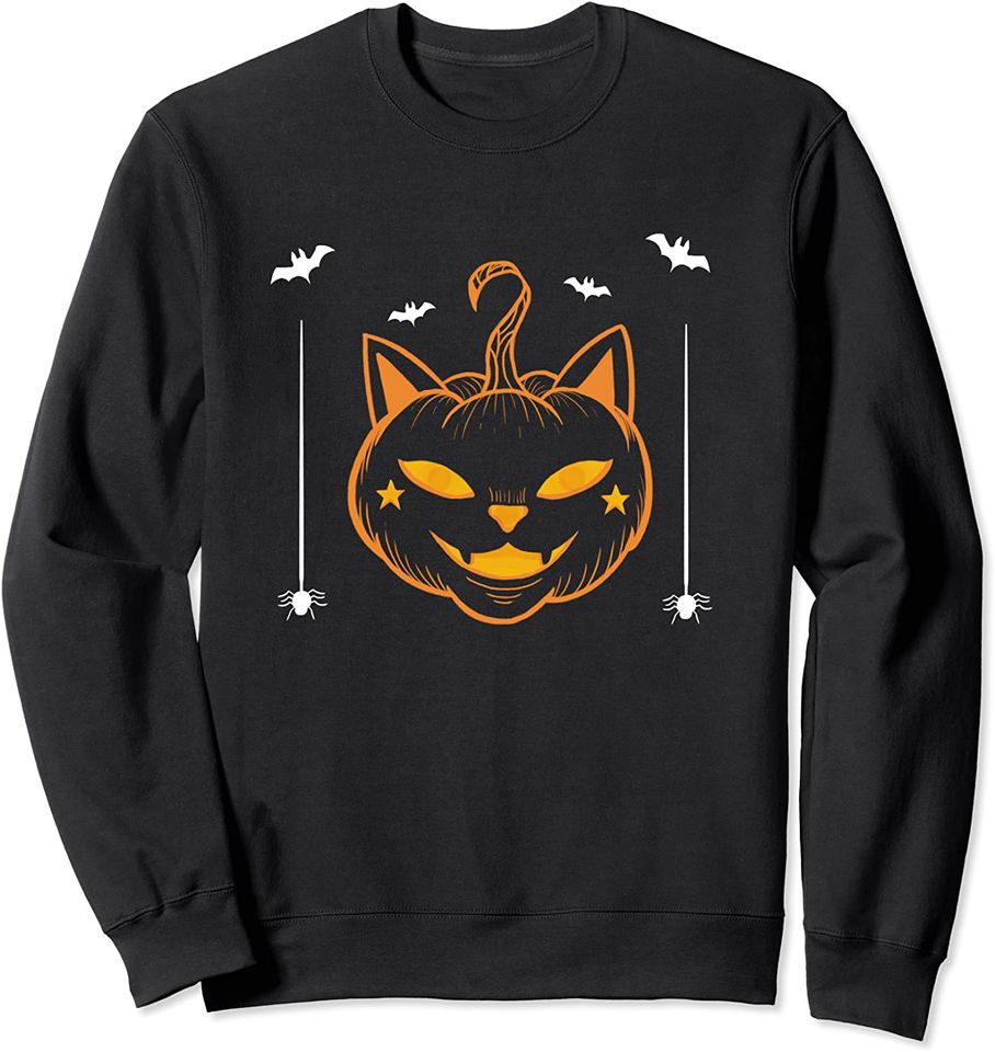 Cat Pumpkin Face Funny Halloween Costume Kitty with Star Sweatshirt