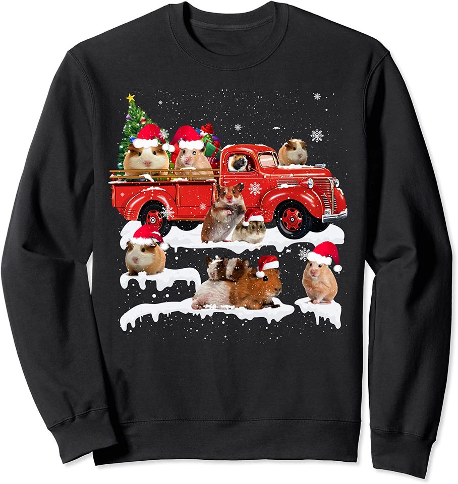 Hamster Riding Red Truck Merry Christmas X-mas Ugly Gift Sweatshirt