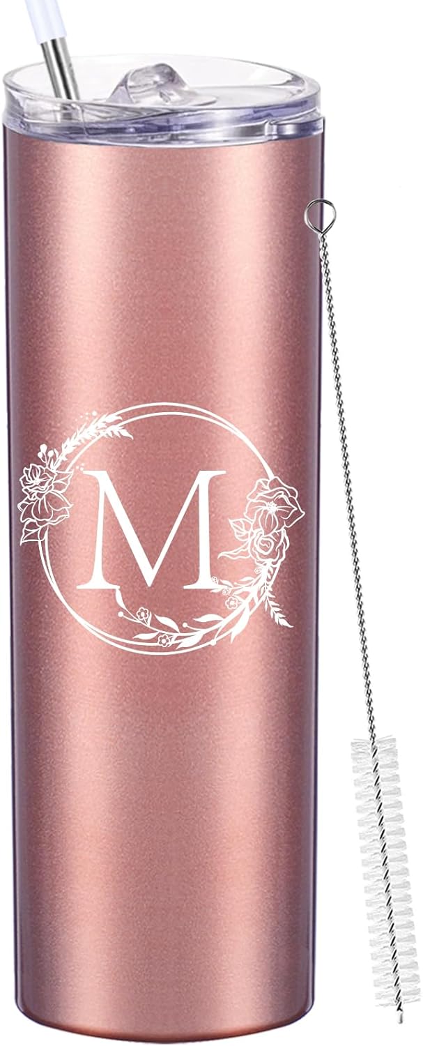 AMZUShome Personalized Tumbler Cup with Initials.Cup with Letter M 20oz Skinny Tumbler.Personalized Travel Monogram Letter Coffee Mug Gifts.Custom Initial Tumbler gifts for Women Birthday Christmas.