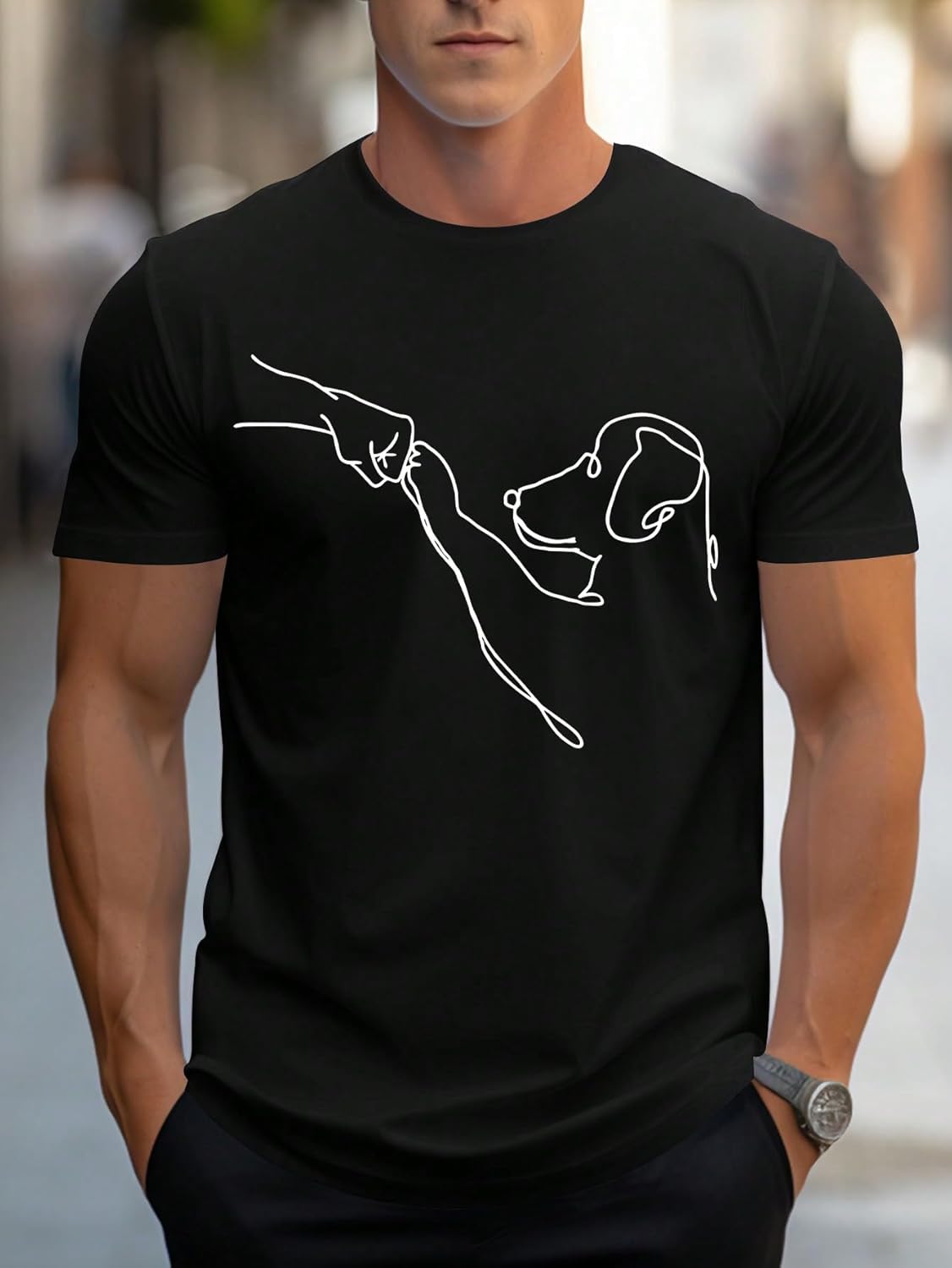 Men's Black Short Sleeve T-Shirt, Funny Dog Walking Line Art Graphic Tee, Casual Crew Neck Top for Pet Lovers