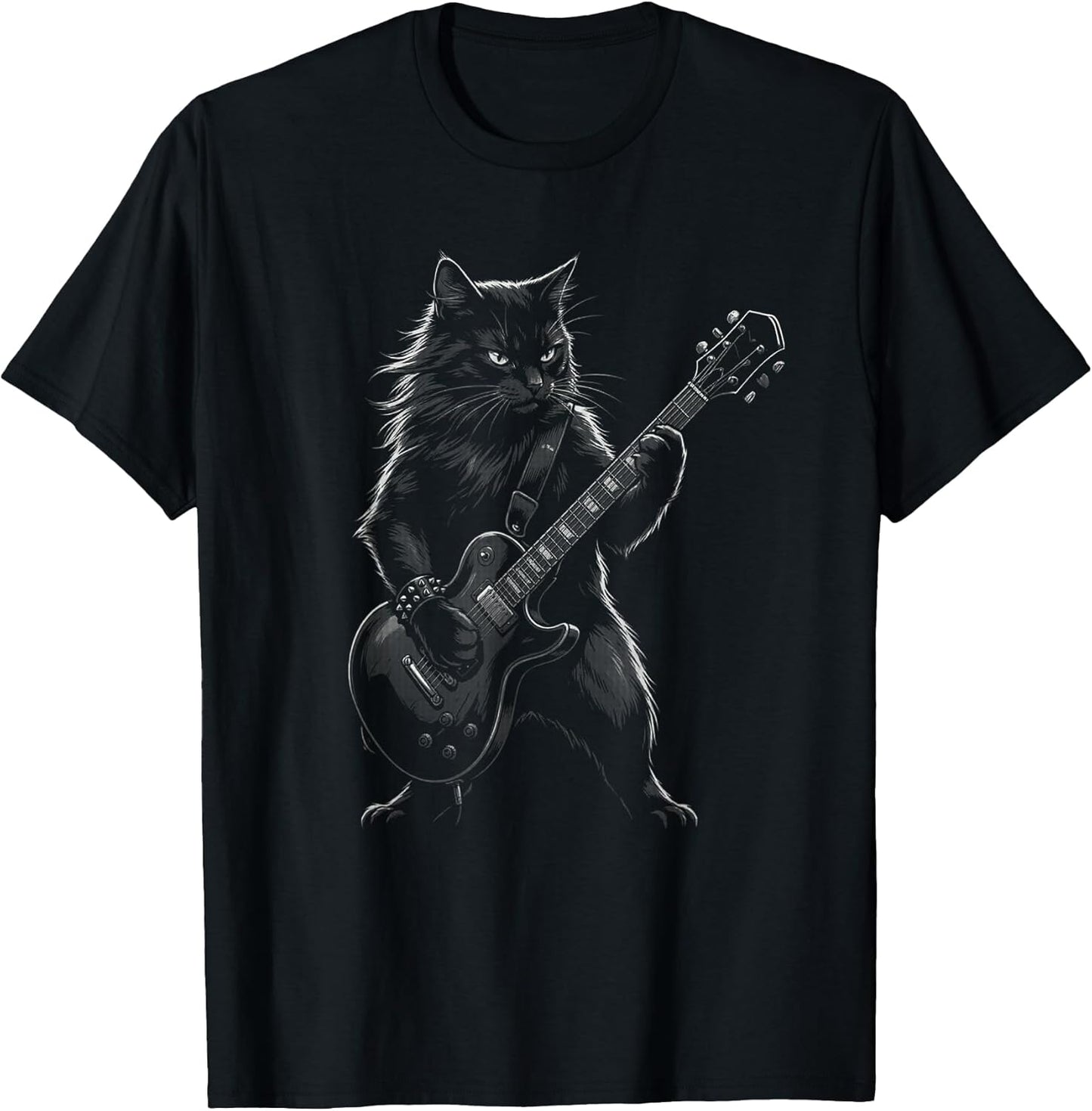 Black Cat Playing Electric Guitar Gothic Rocker T-Shirt
