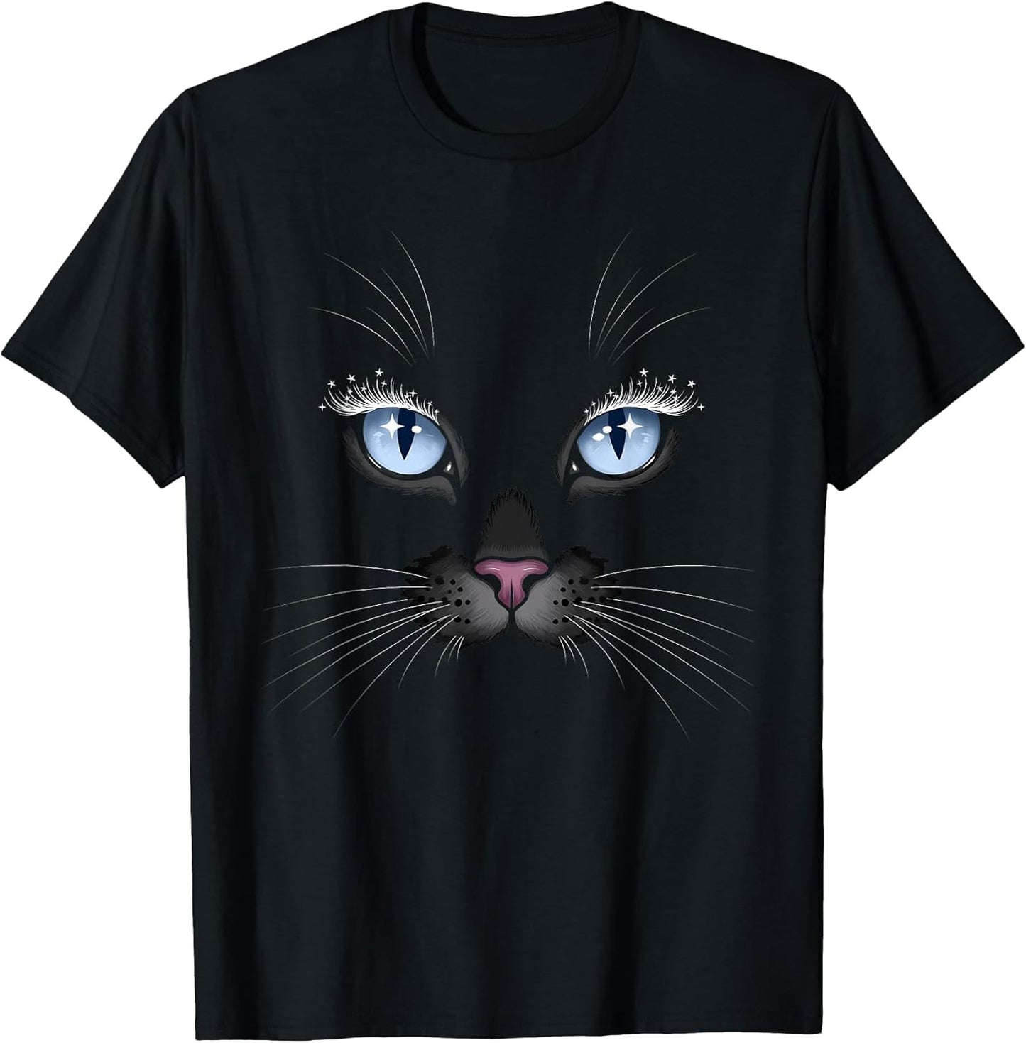 Black Cat Face Blue Eyes Sparkle Lashes Glamorous Cats Lover T-Shirt