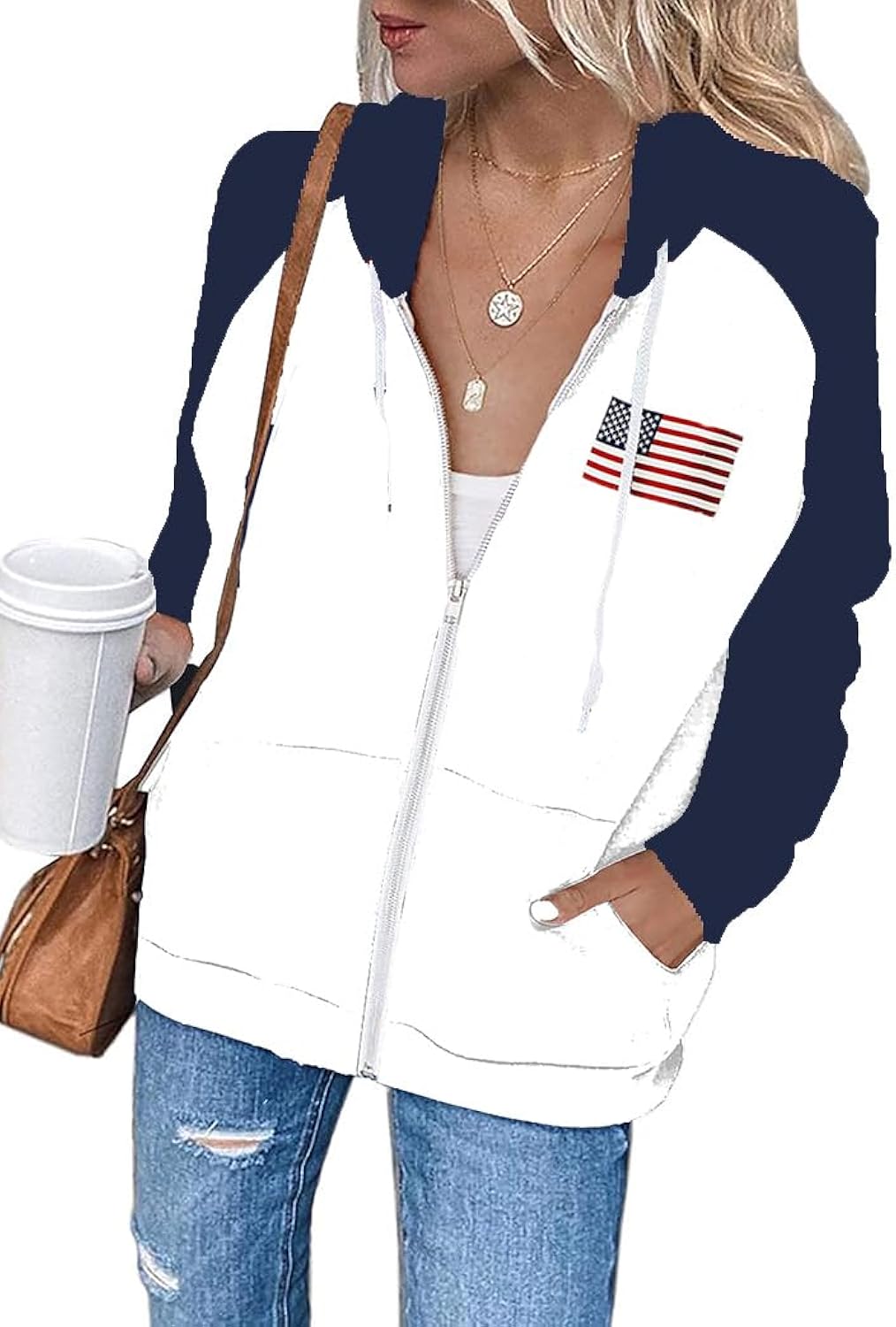 Women's Casual Color Block Long Sleeve Zip Up Hooded Sweatshirt Lightweight Hoodies Jacket with Pocket