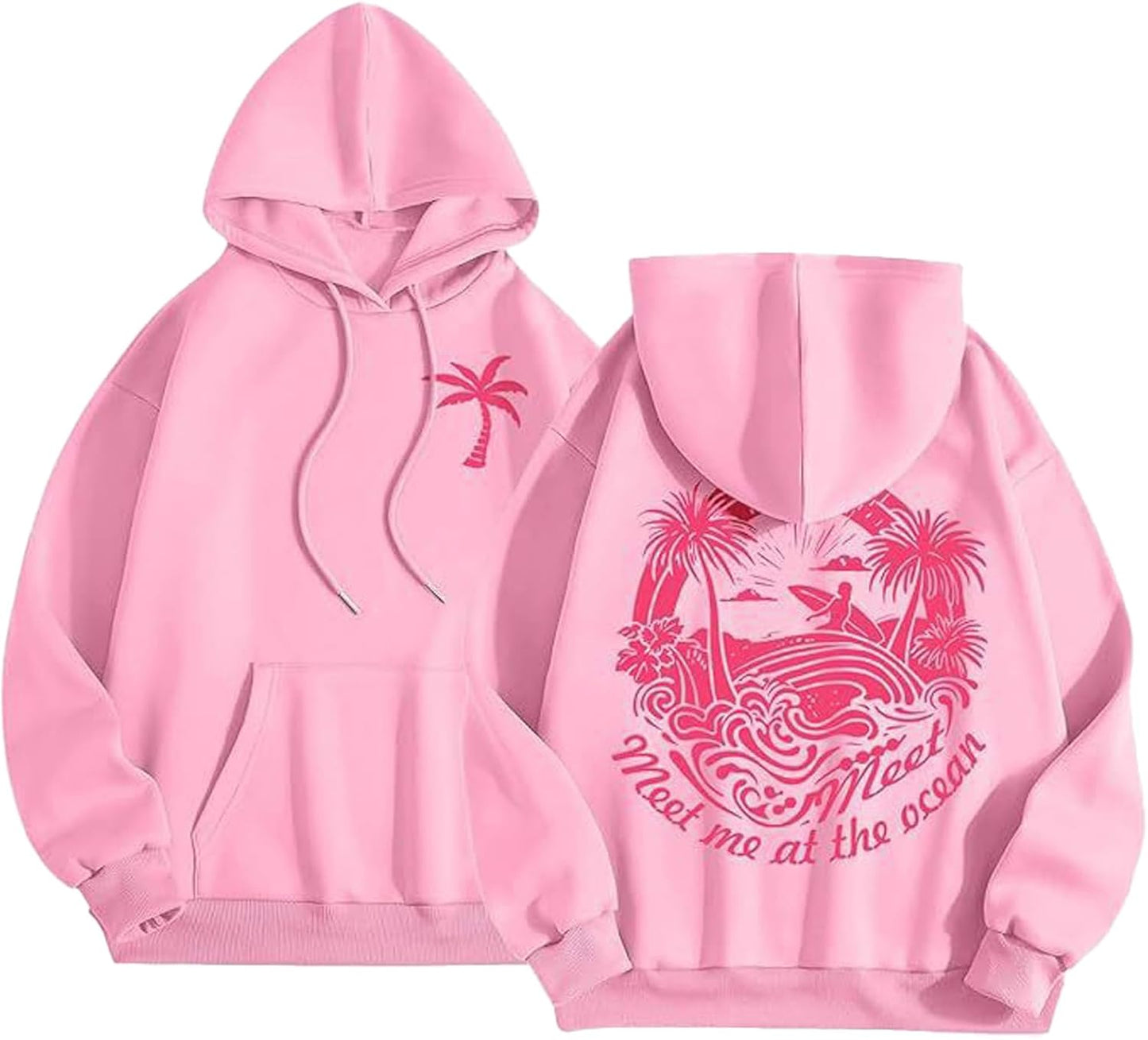 Palm Puff Hoodie for Women, Cute Palm Pink Graphic Pullover Sweatshirt
