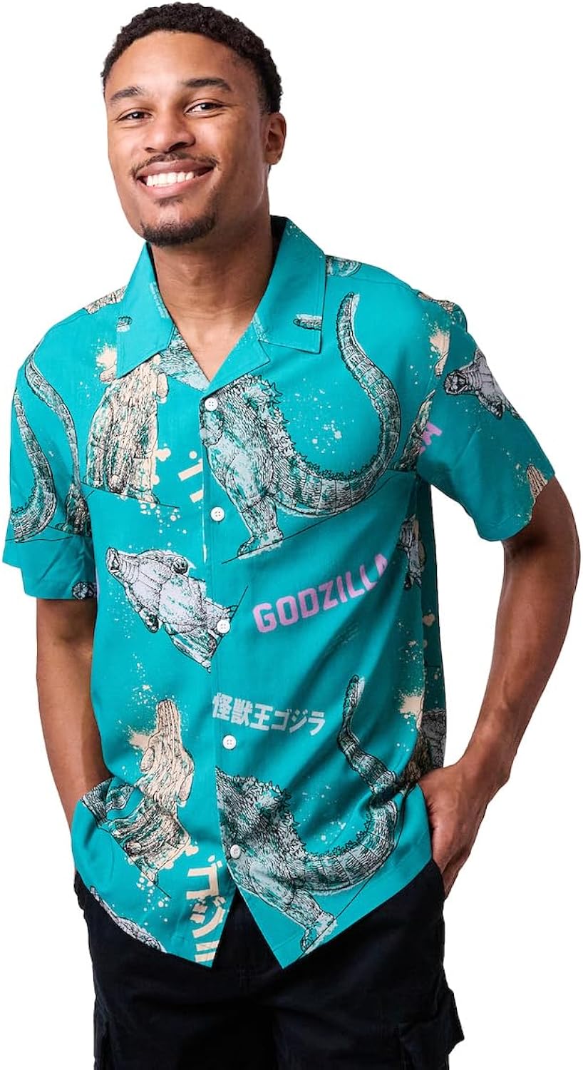 Godzilla All-Over Print Men's Collared Button-Up Short Sleeve Shirt