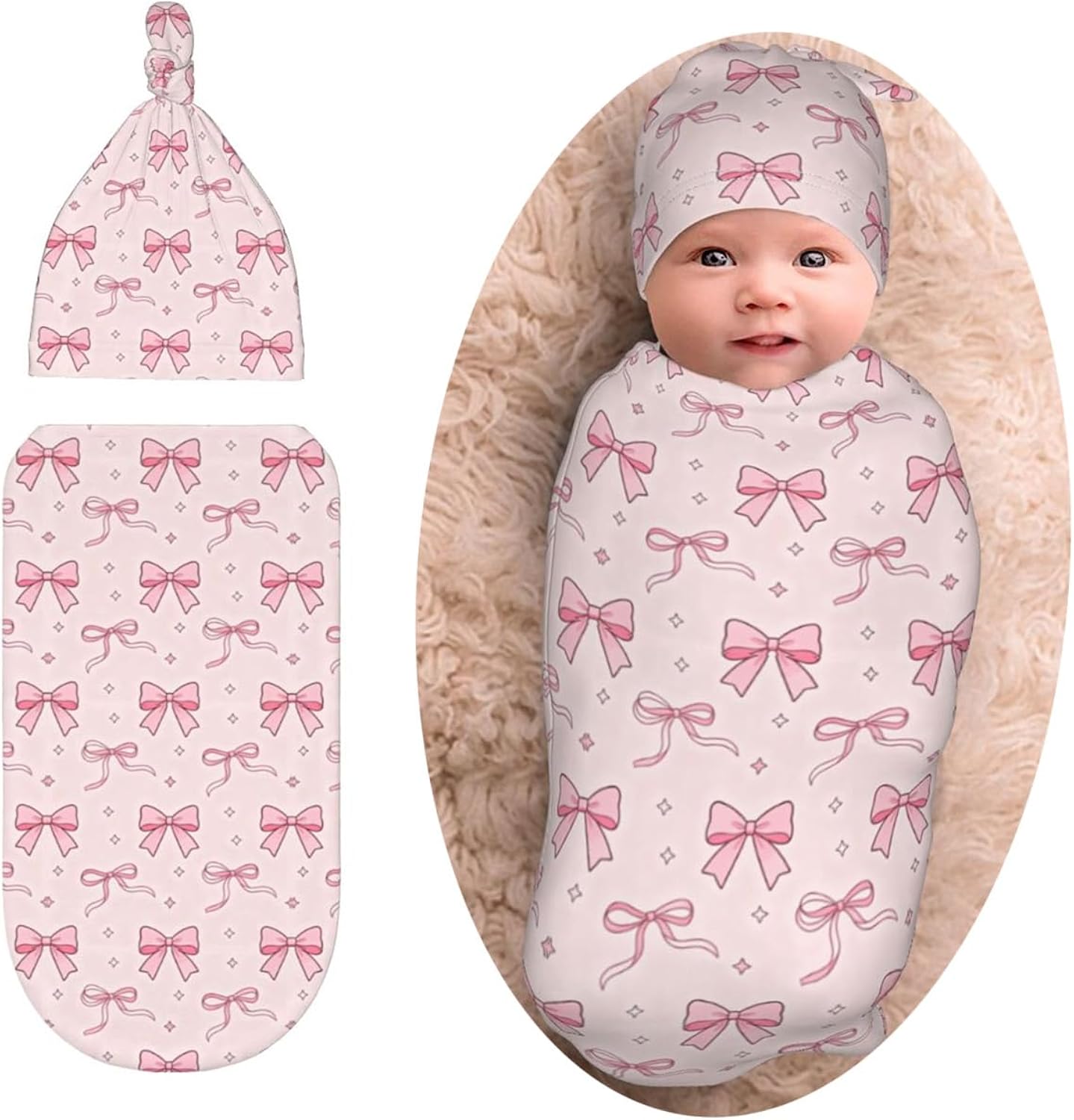 Pink Bow Baby Stuff Newborn Swaddle Blanket with Hat, Soft Pink Swaddling Sack Shower Gift for Boys and Girls