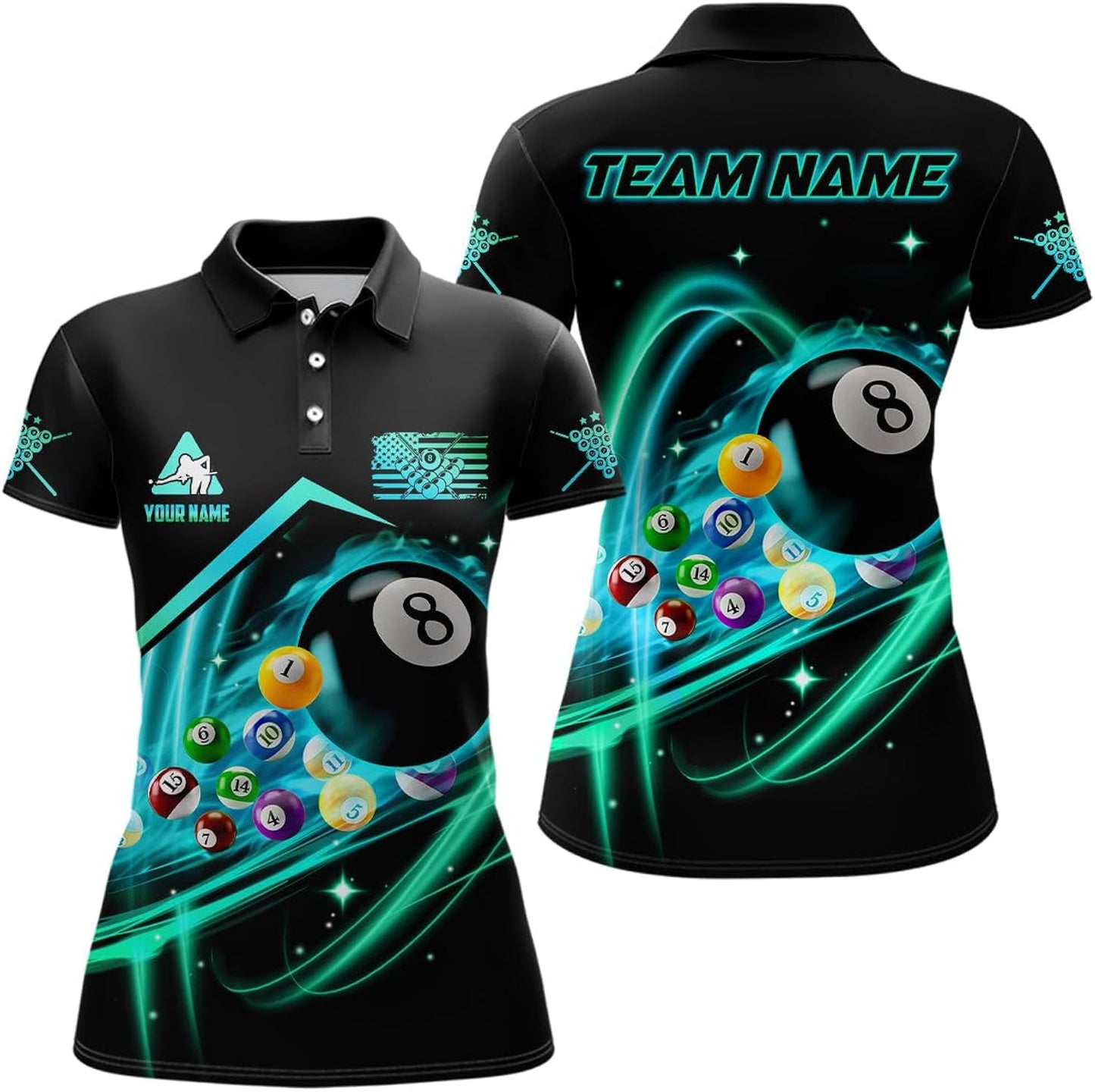 Personalized Us Flag Patriotic 8 Ball Pool Billiards Polo Shirts for Men, Custom Billiards Jerseys Short Sleeve