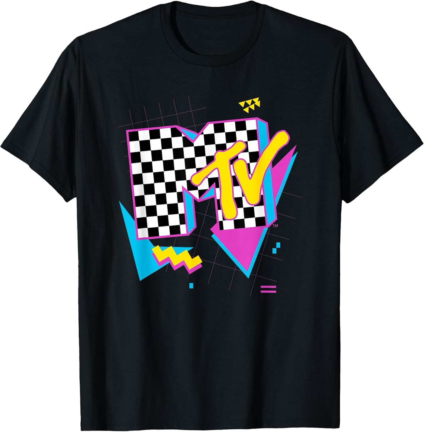 Retro Checkered Neon Shapes Music Television T-Shirt