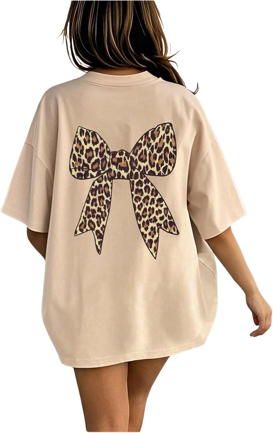 Overized Tshirts for Women Bow Leopard Graphic Tees Short Sleeve Aesthetic Baggy Summer Tops
