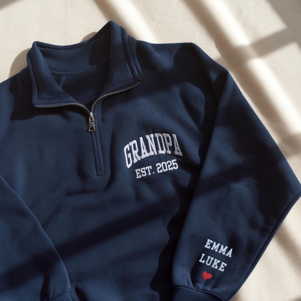 Embroidered Personalize Grandpa Quarter Zip Sweatshirt, With Kid Names On Sleeve, Gift For Grandpa, Pregnancy Reveal Sweatshirt