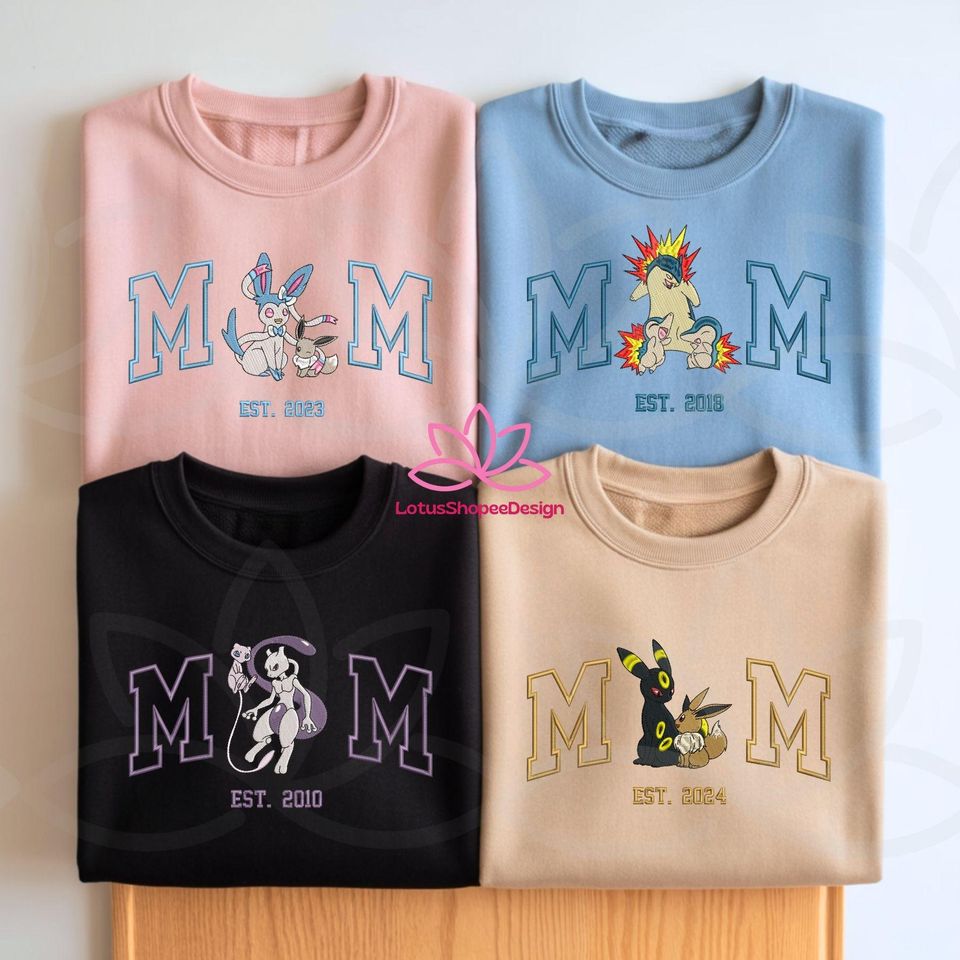 Custom PokaMom Embroidered Shirt, Persionalized Anime Characters Sweatshirt, Anime Mother's Day Gift, Birthday Gift For Mom, Pocket Beast