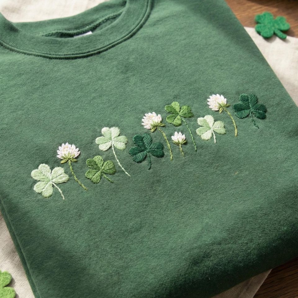 Embroidered Shamrocks Crewneck: St Patrick's Day Irish Sweatshirt, Shamrock Meadow