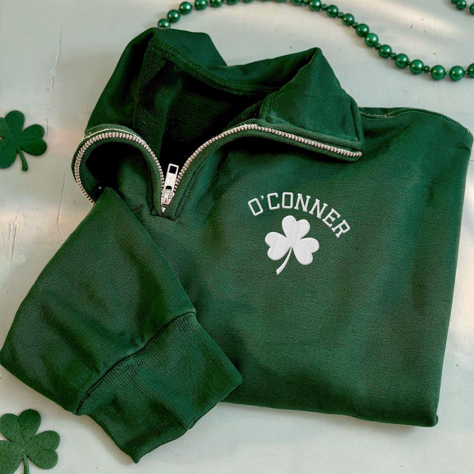Personalized St Patricks Day Embroidered Quarter Zip Sweatshirt, Irish Shamrock Pullover, Custom Last Name Four-Leaf Clover Lucky Zip Shirt