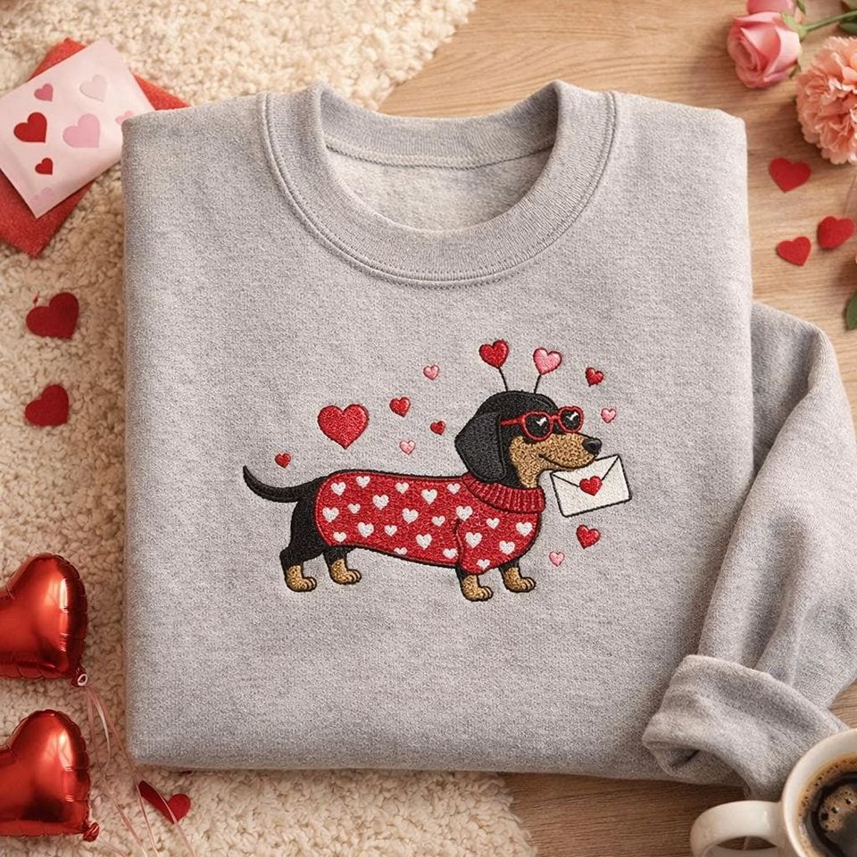 Embroidered Dachshund Valentines Day Sweatshirt, Cute Sausage Dog Crewneck, Dog Lover Valentine Gift for Her or Him