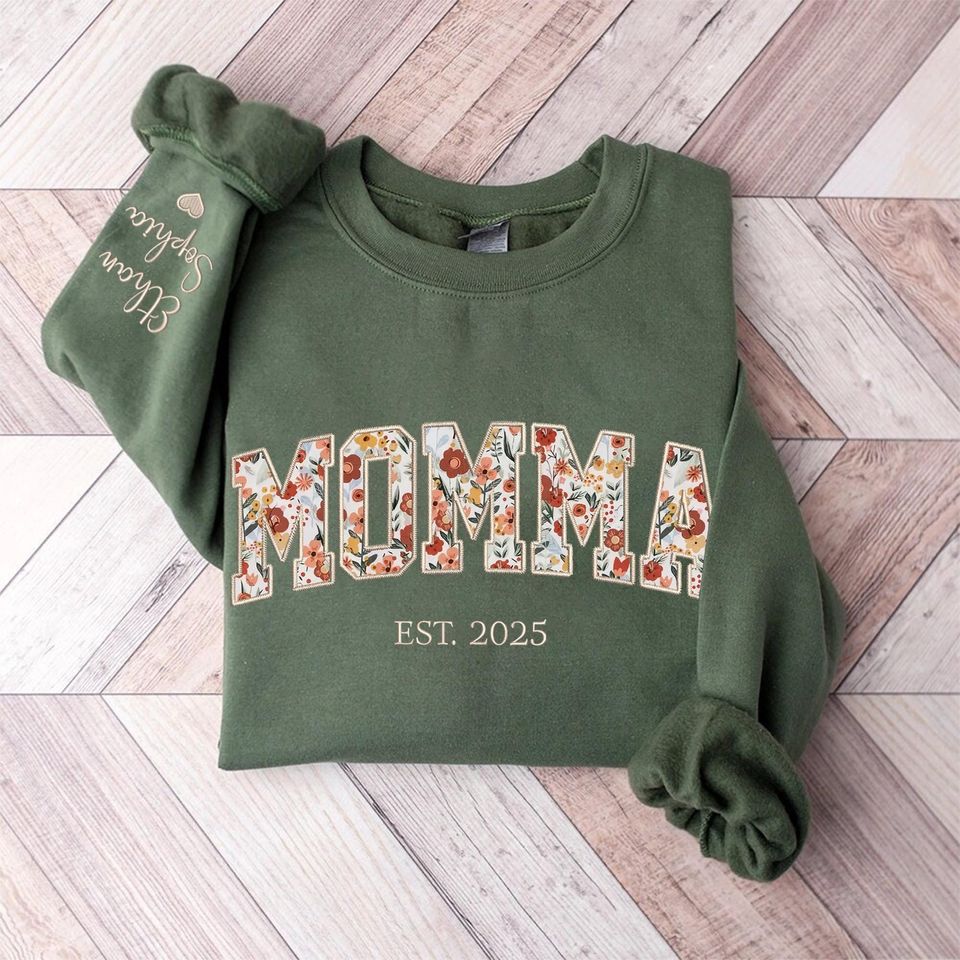 Custom Embroidered Momma Sweatshirt, Momma Floral Applique Sweatshirt, Mama Sweatshirt, Gifts For Nana, New Grandma Gifts, Mom Hoodies
