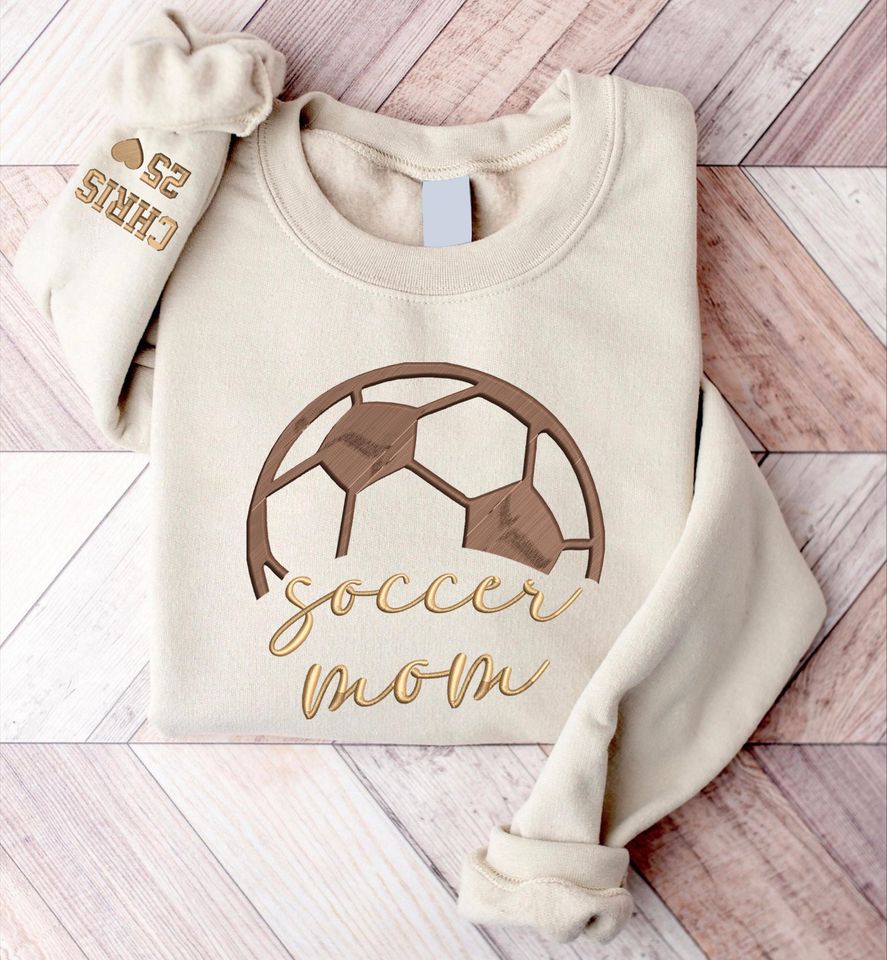 Custom Embroidered Soccer Mom Sweatshirt, Soccer Sweatshirt Hoodie, Custom Soccer Mom Sweatshirt with Kid Name on Sleeve, Soccer Sweater