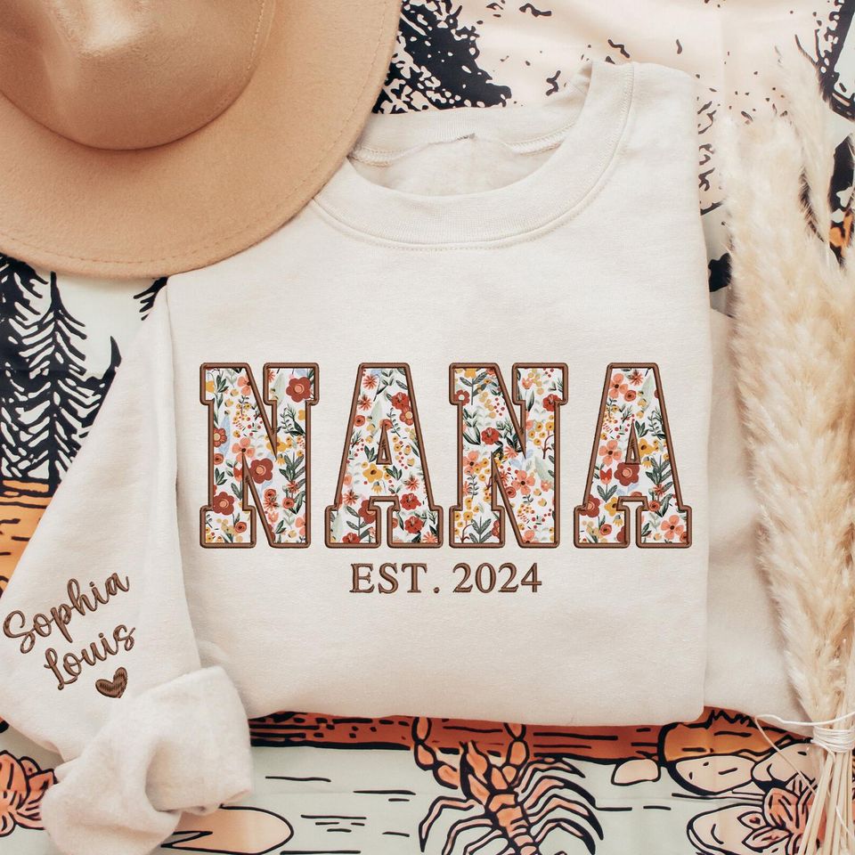 Custom Embroidered Nana Sweatshirt, Nana Floral Applique Sweatshirt, Nana Sweater with Kids on Sleeve, Personalized Gift for Nana Grandma