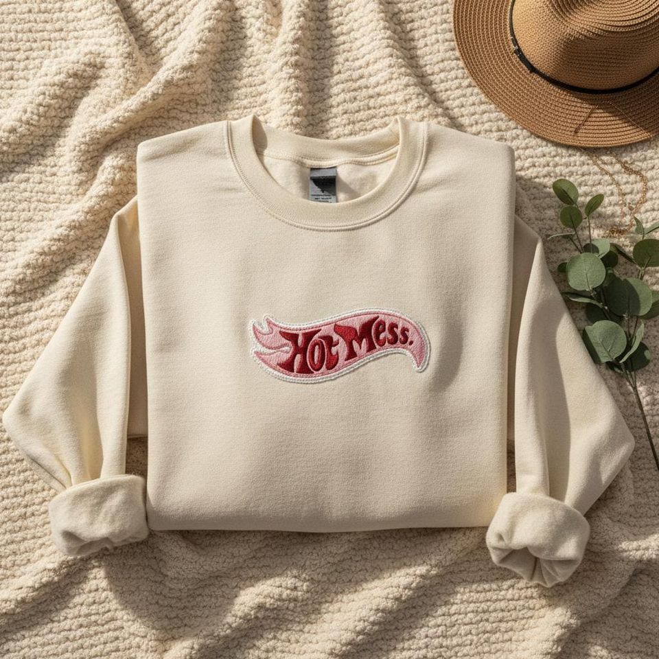 Hot Mess Embroidered File, Cute Sassy Quote Sweater, Minimal Aesthetic Cozy Top, Neutral Funny Design