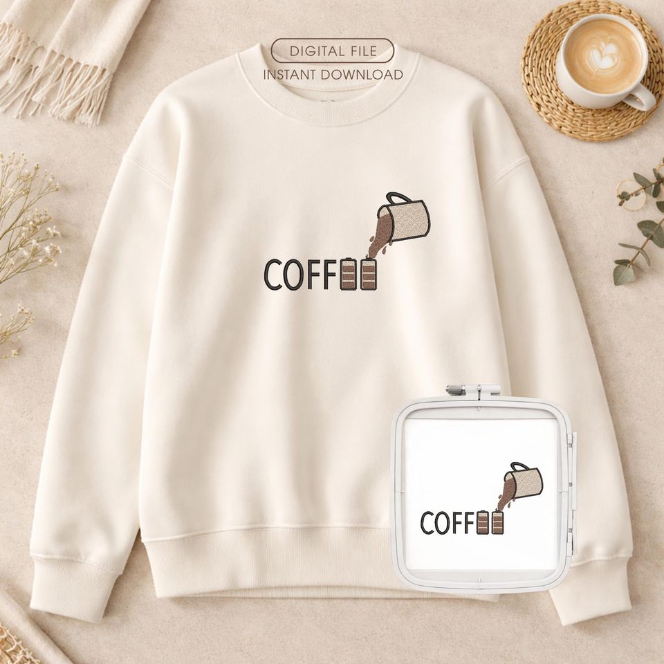 Coffee Time Embroidery Design, Funny Coffee Quote Machine Embroidery File, 3 Colors Minimal Sweatshirt Design, Instant Download PES DST JEF