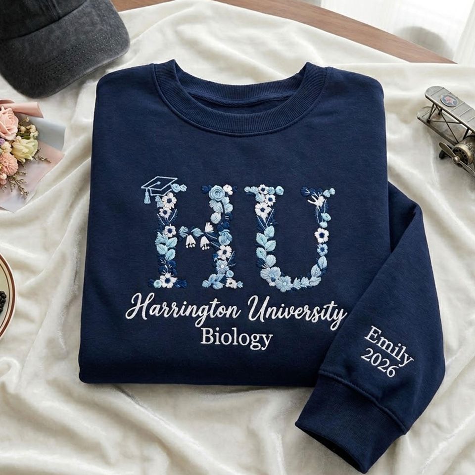 Personalized Embroidered Graduation Sweatshirt, Custom University Name, Monogram Floral Embroidery, Class of 2026 Tee, College Gift for Her